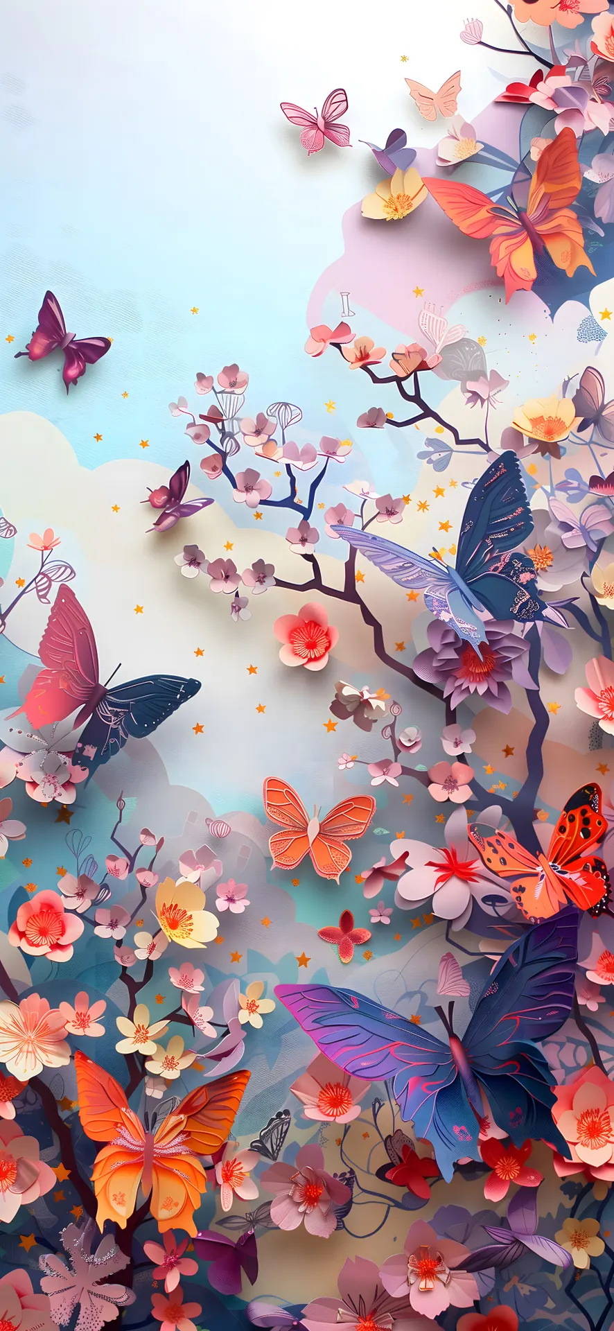 Colorful Butterflies and Blossoms Paper Art Wallpaper