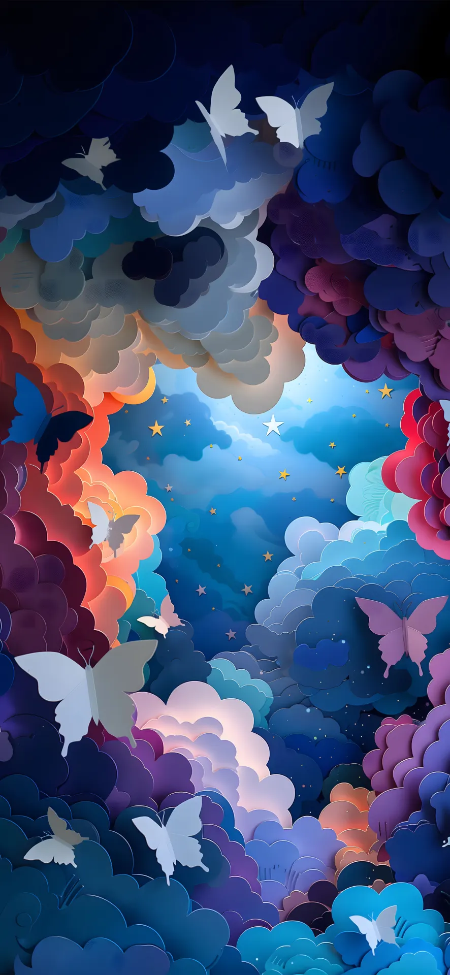 Butterflies in a Starry Cloudscape Paper Art Wallpaper
