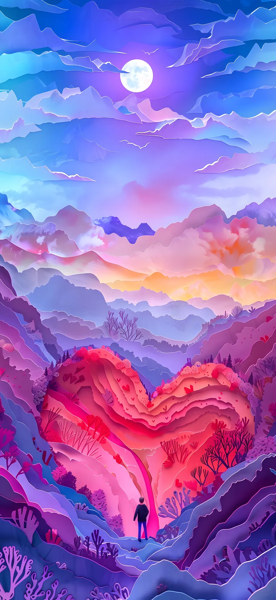 Heart-Shaped Mountain Valley Under the Moon Wallpaper