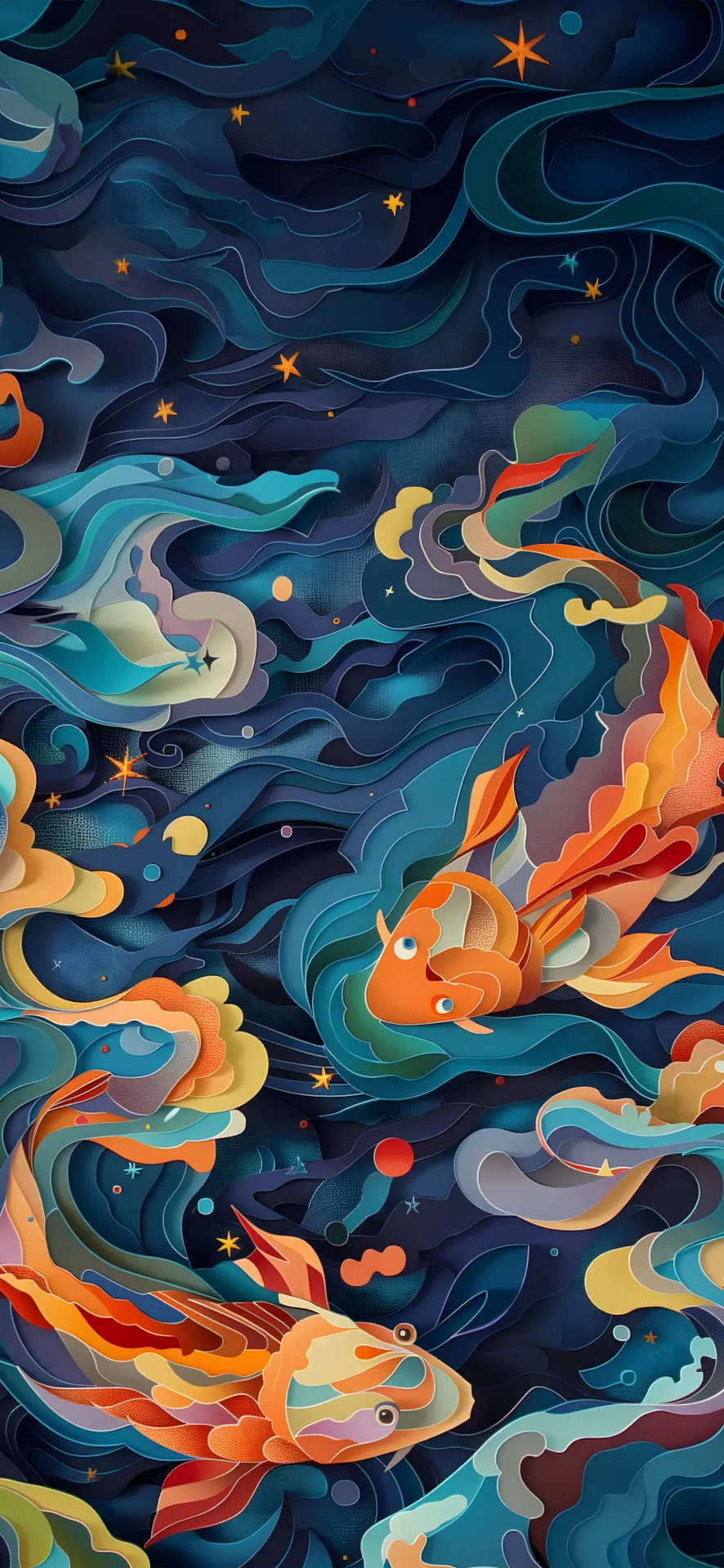 Colorful Koi Fish in Dark Ocean Waves Paper Art Wallpaper