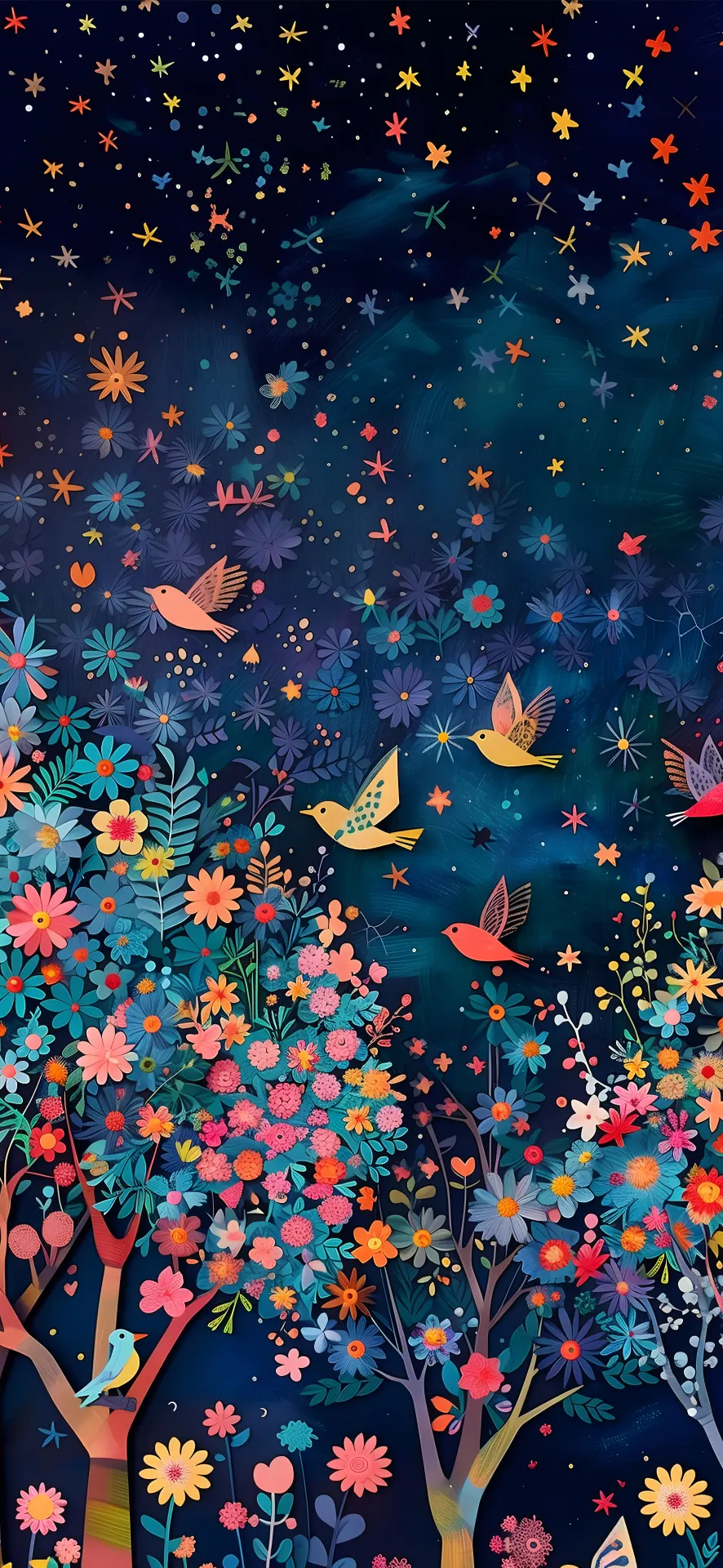 Colorful Birds in a Midnight Flower Garden Wallpaper
