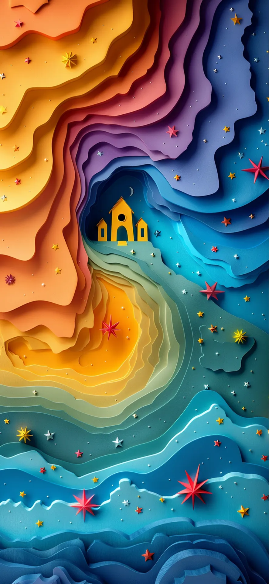 Colorful Starry Night Castle Layered Paper Art Wallpaper
