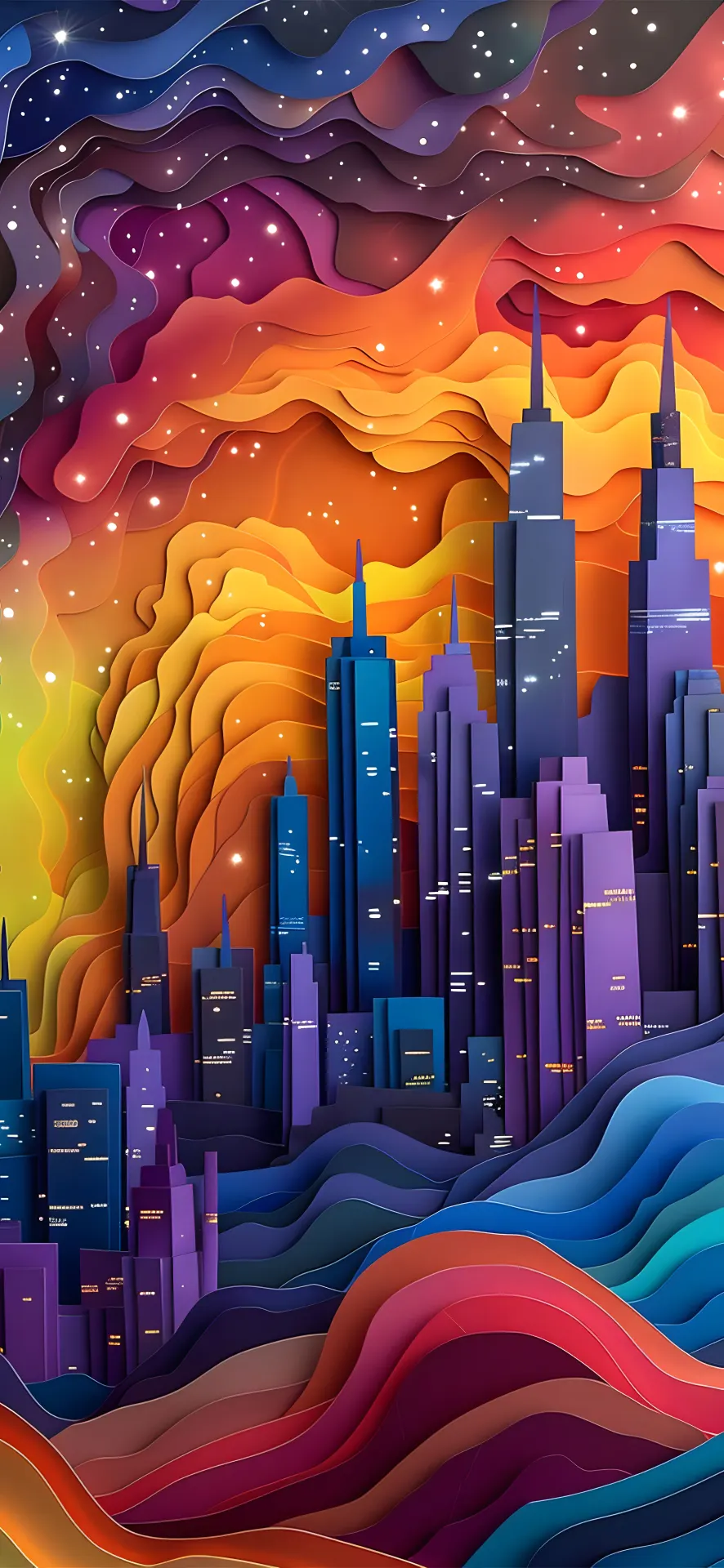 Colorful Futuristic City at Sunset Paper Art Wallpaper