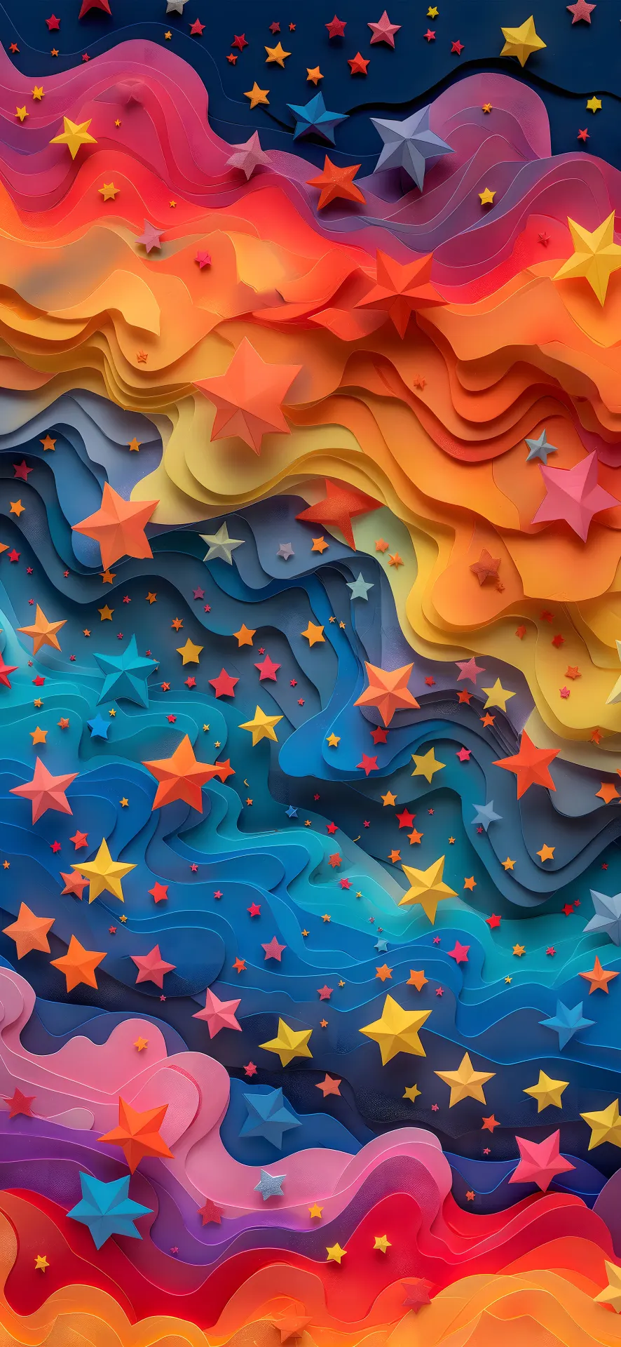 Colorful Stars and Flowing Waves Paper Art Wallpaper