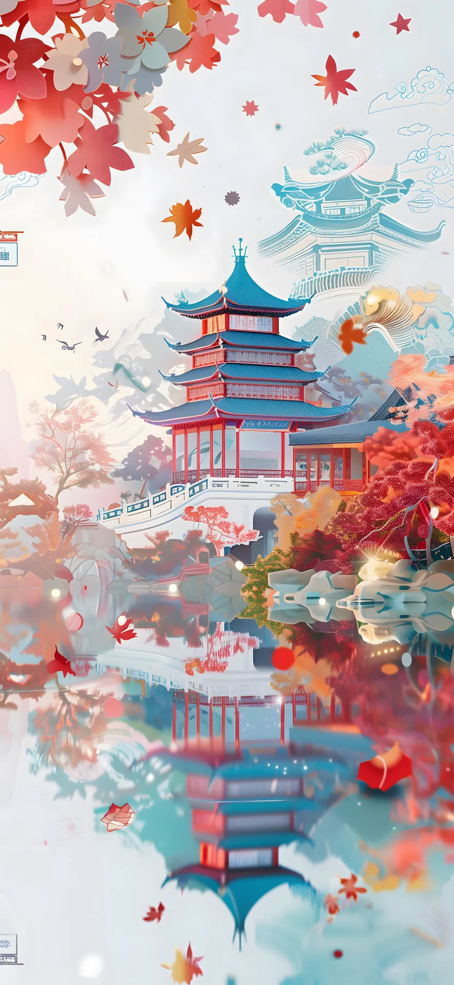 Chinese Pagoda and Autumn Lake Reflection Wallpaper