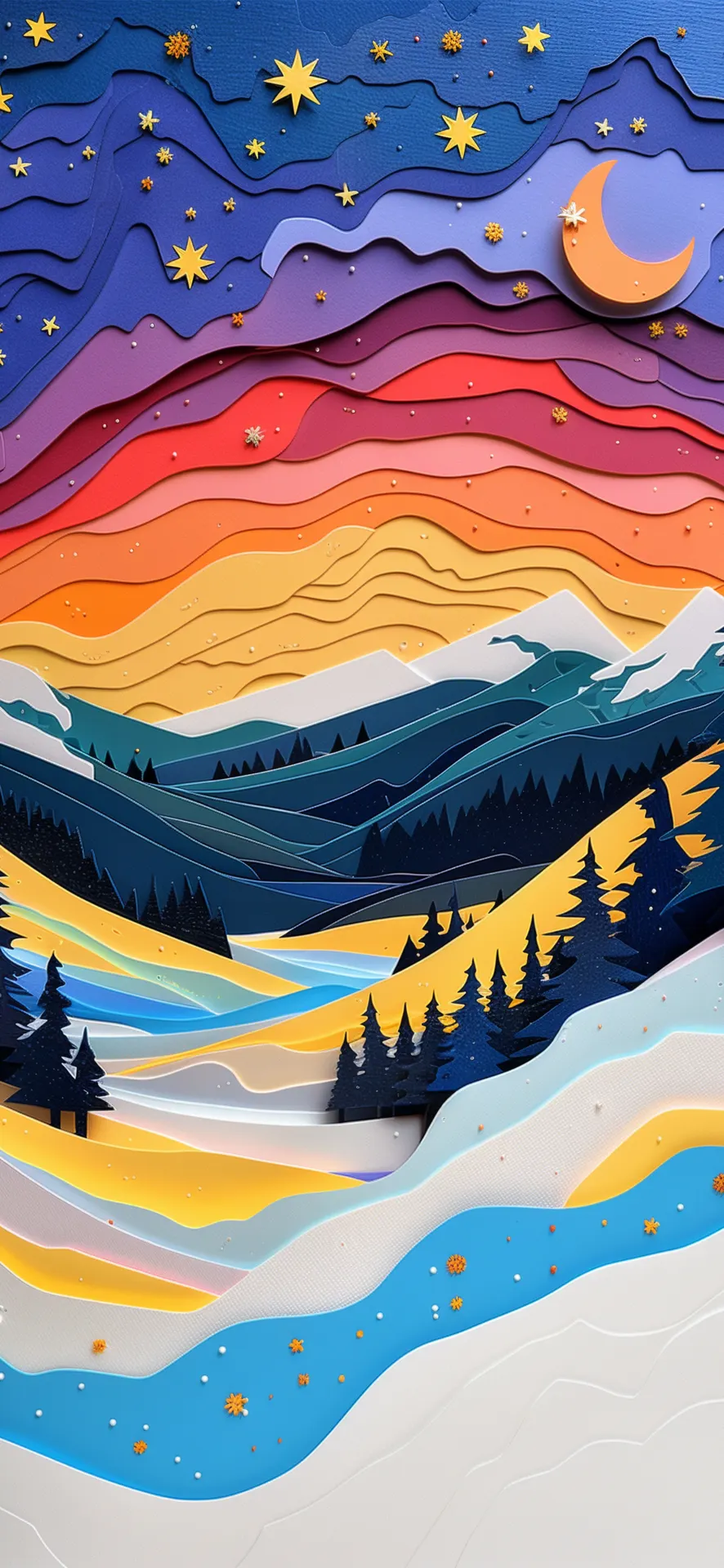 Colorful Moonlit Mountain Landscape Paper Art Wallpaper