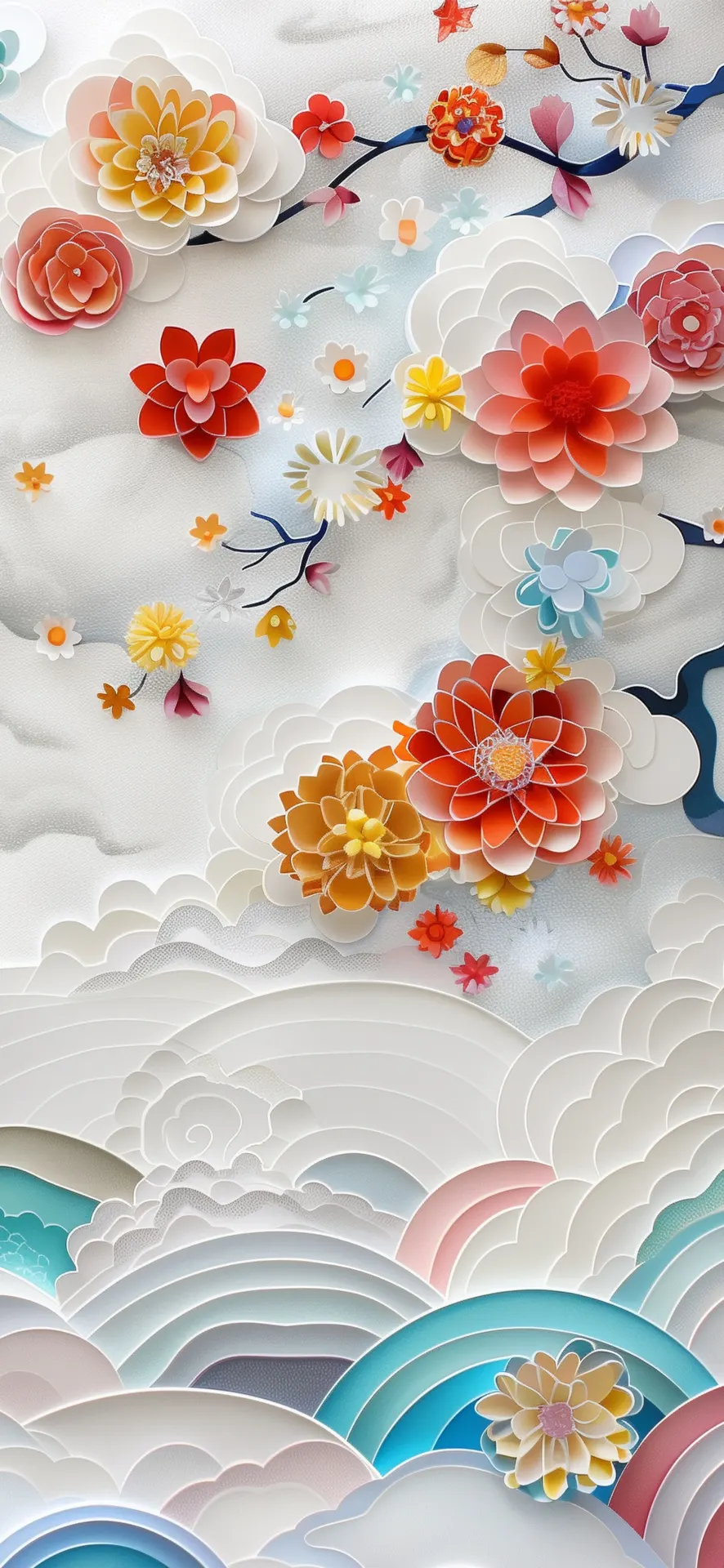 Colorful Flowers and Ocean Waves Paper Art Wallpaper