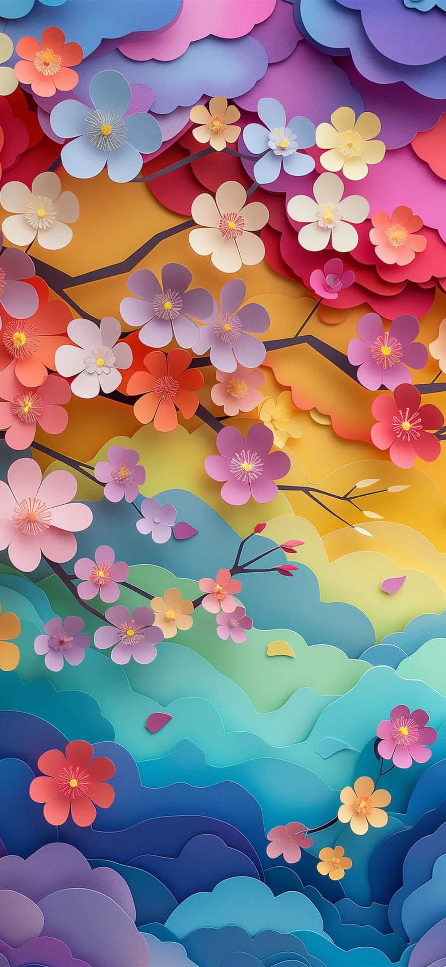 Colorful Cherry Blossoms and Layered Clouds Wallpaper