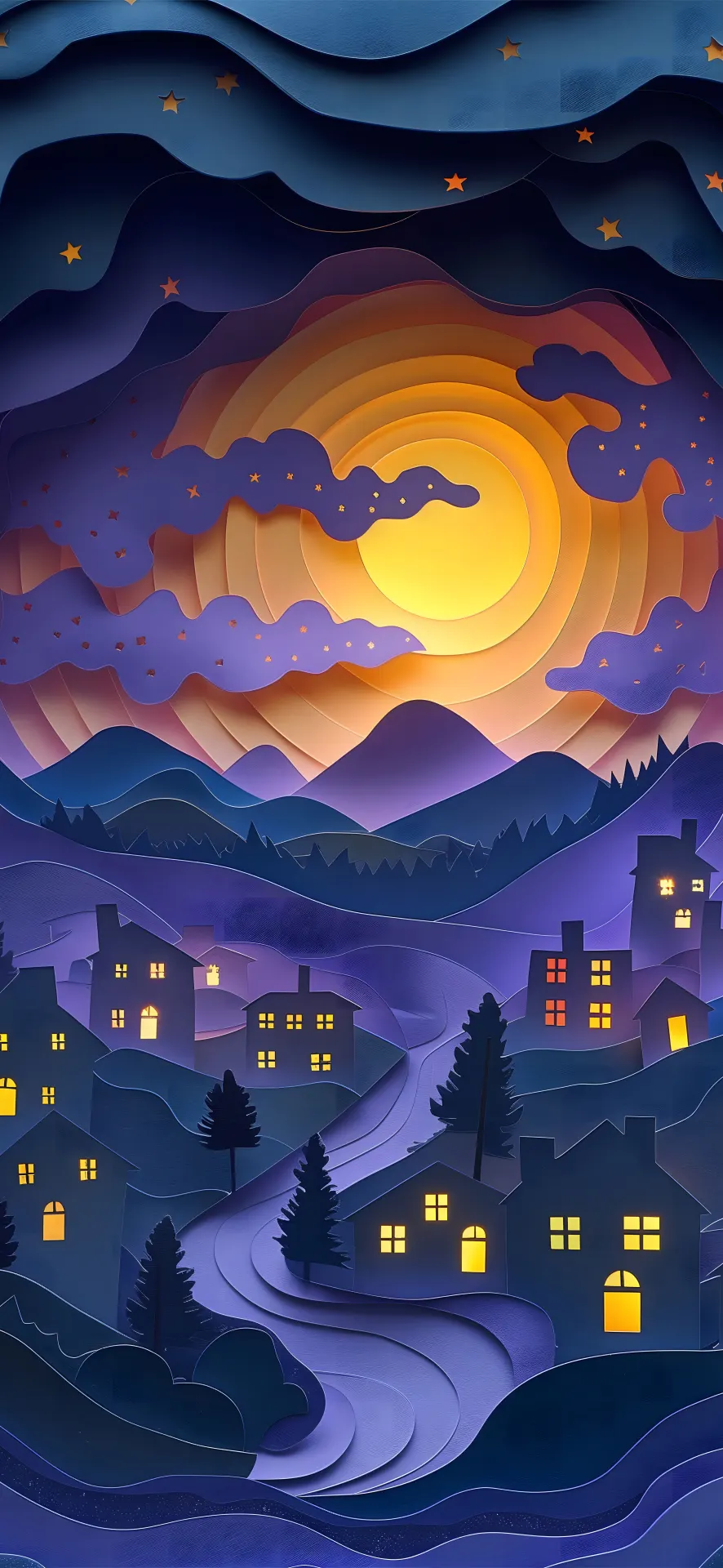 Moonlit Mountain Village Paper Art Wallpaper
