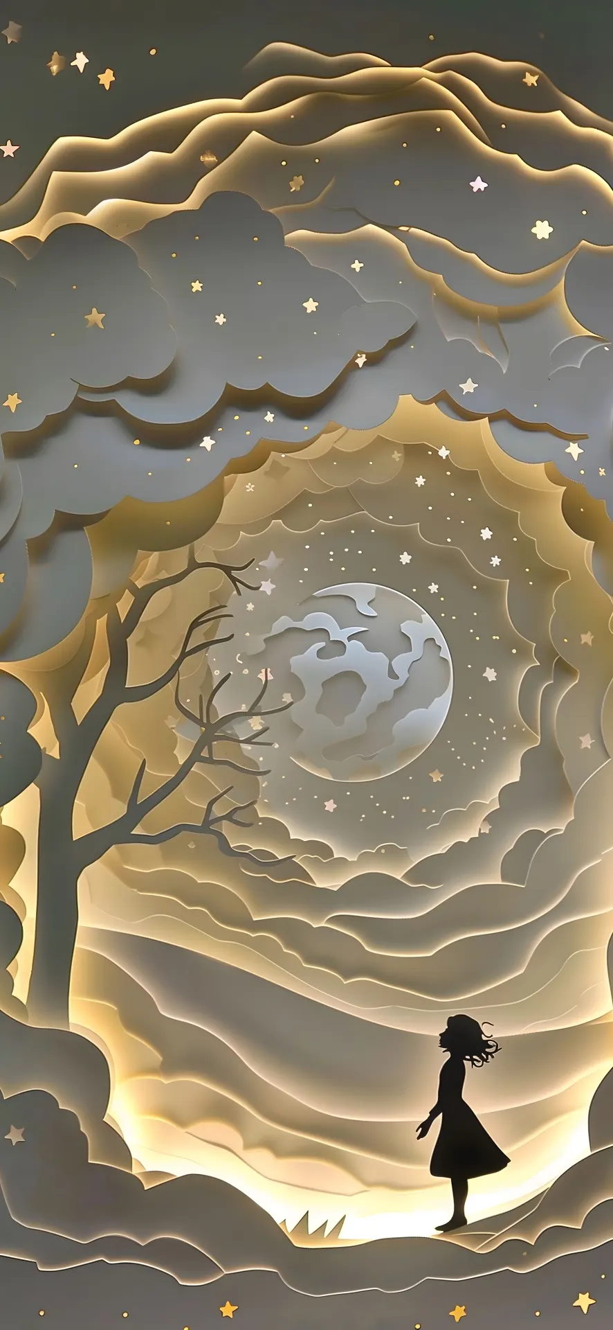 Girl Beneath a Glowing Full Moon Paper Art Wallpaper