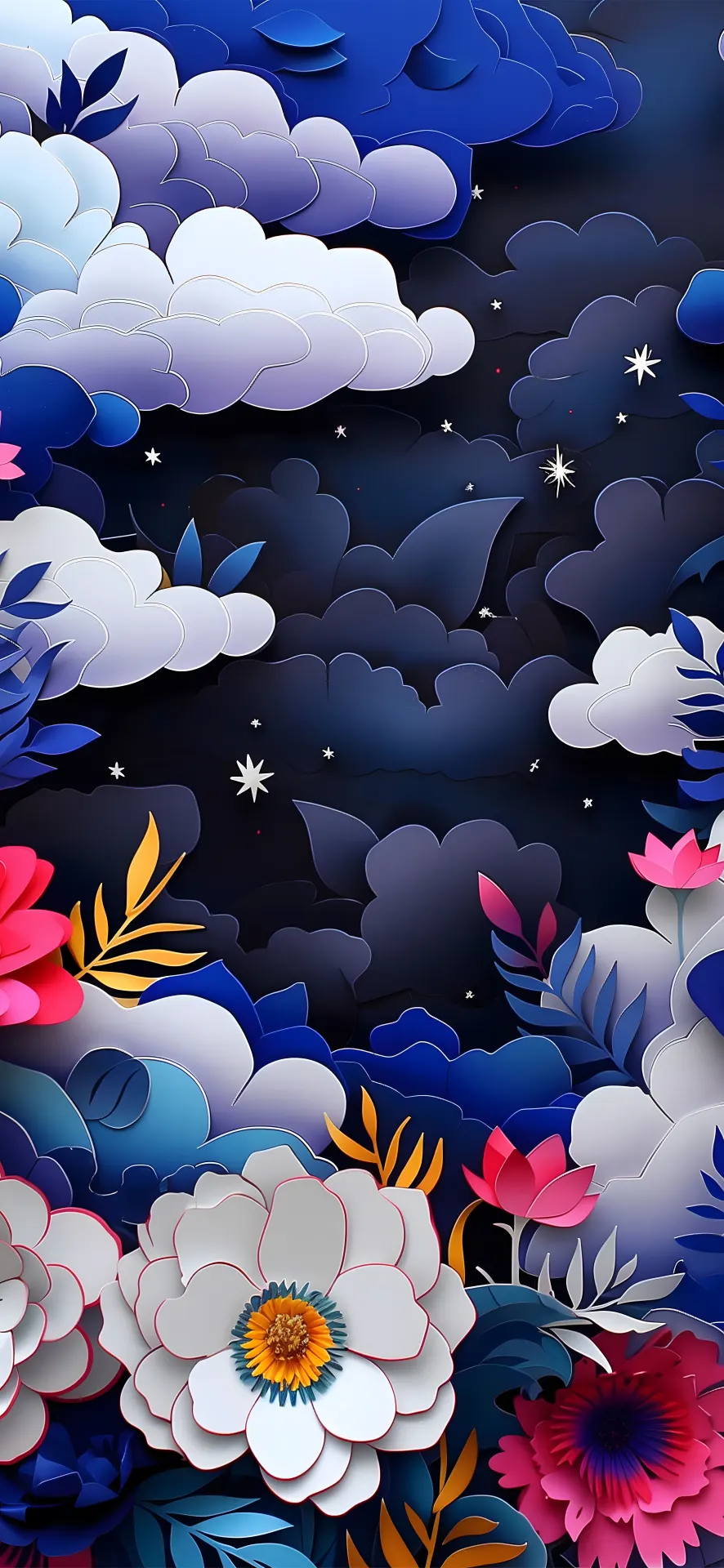 Midnight Flowers Beneath Starry Clouds Paper Art Wallpaper