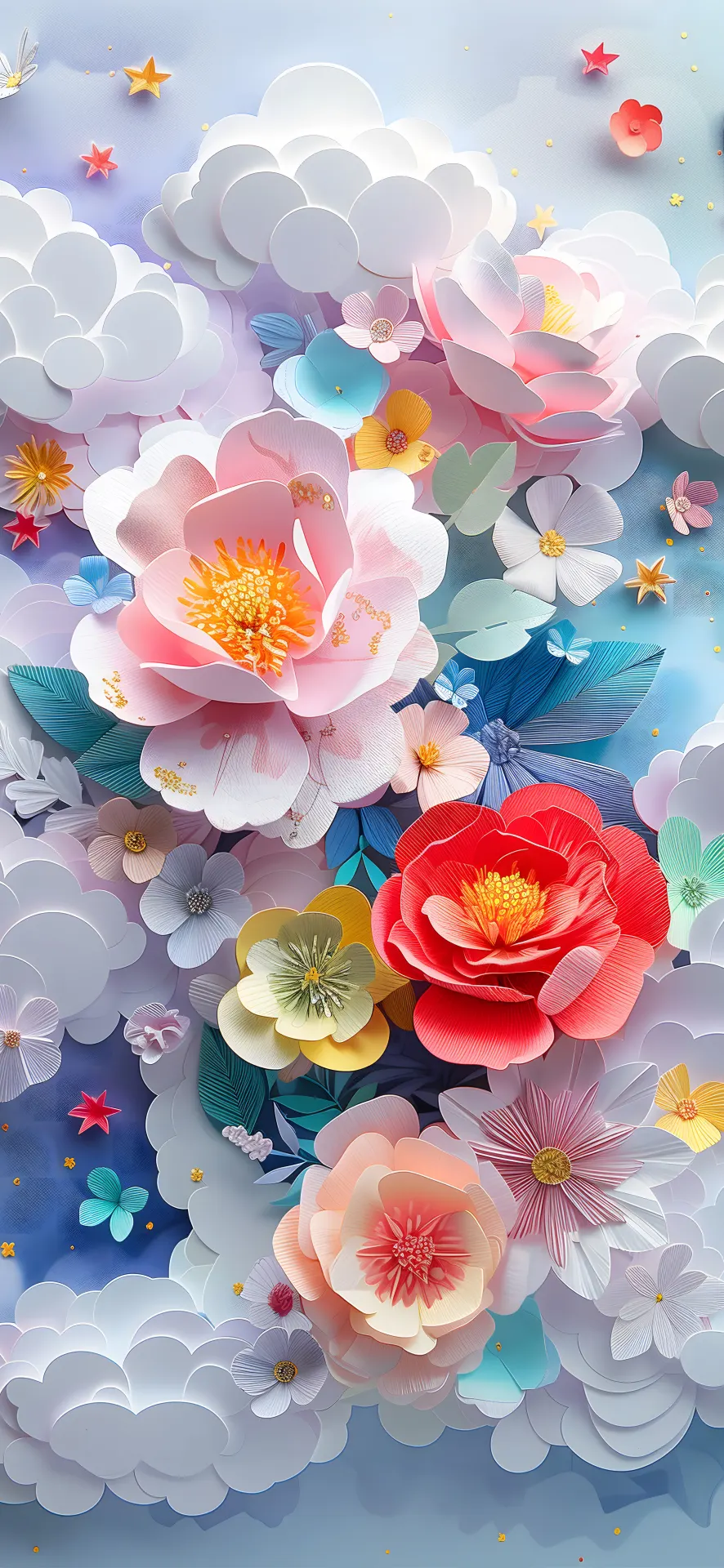 Colorful Flowers Among Soft White Clouds Wallpaper