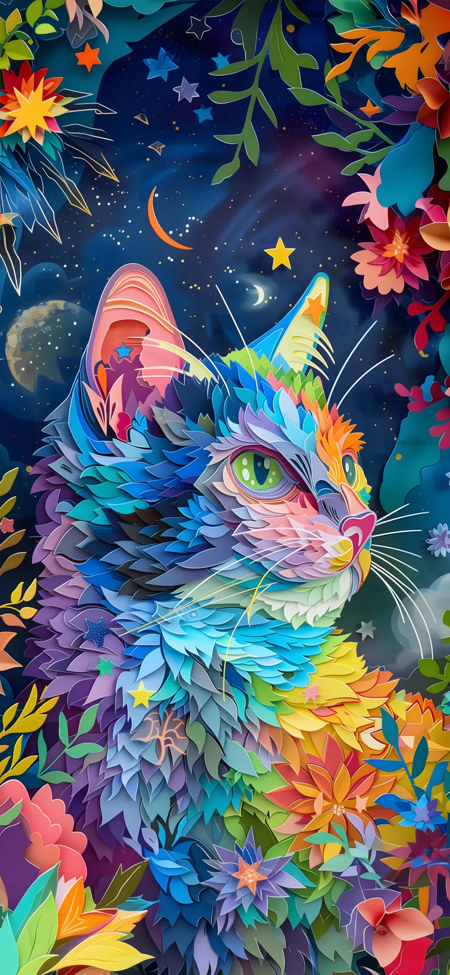 Colorful Cosmic Cat Paper Art Wallpaper