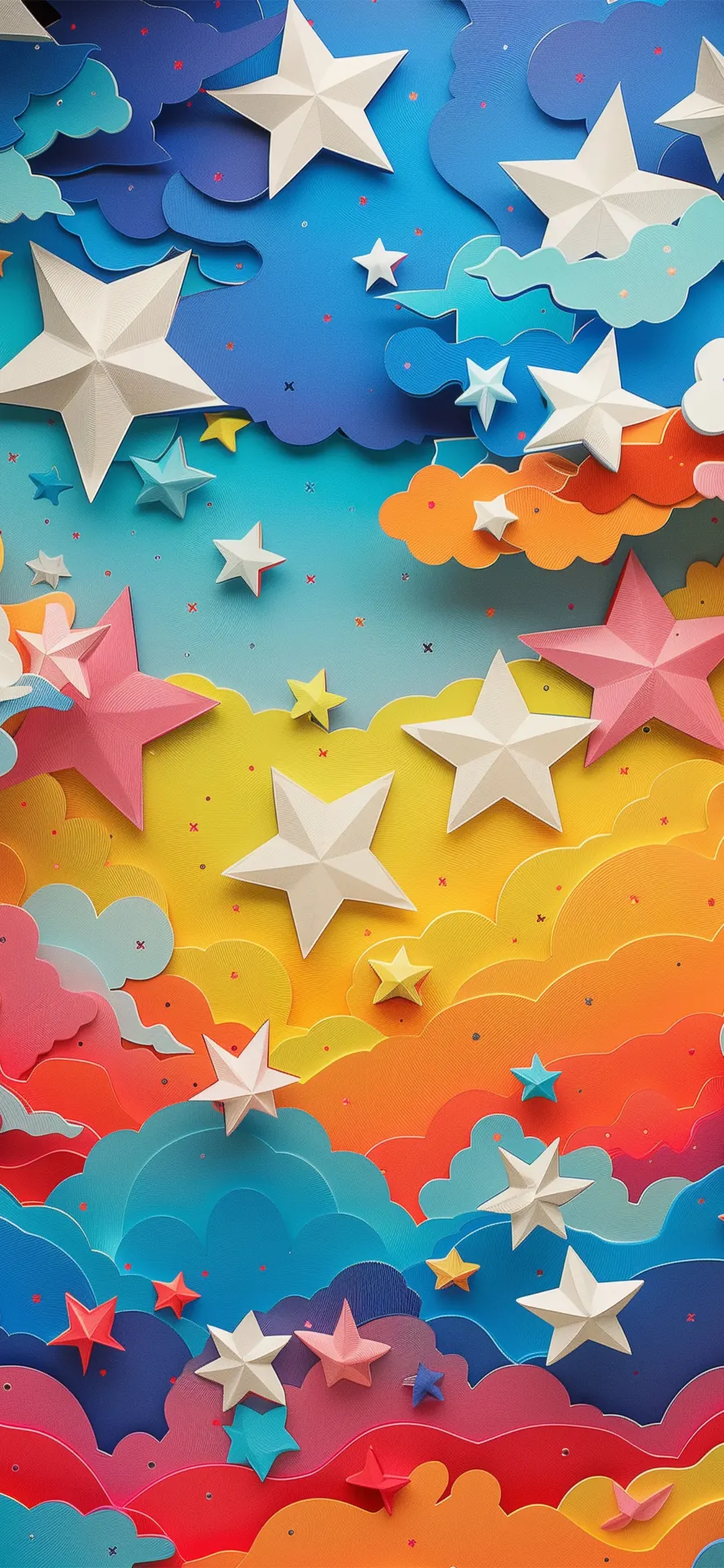 Colorful Stars and Layered Clouds Paper Art Wallpaper