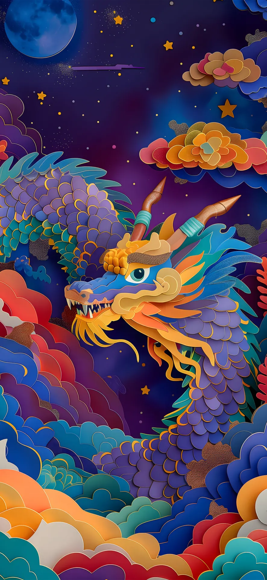 Colorful Chinese Dragon Among Celestial Clouds Wallpaper