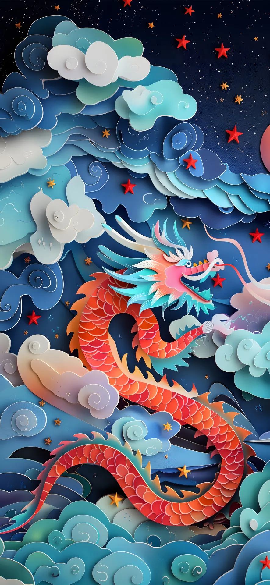 Red Chinese Dragon in Celestial Clouds Paper Art Wallpaper