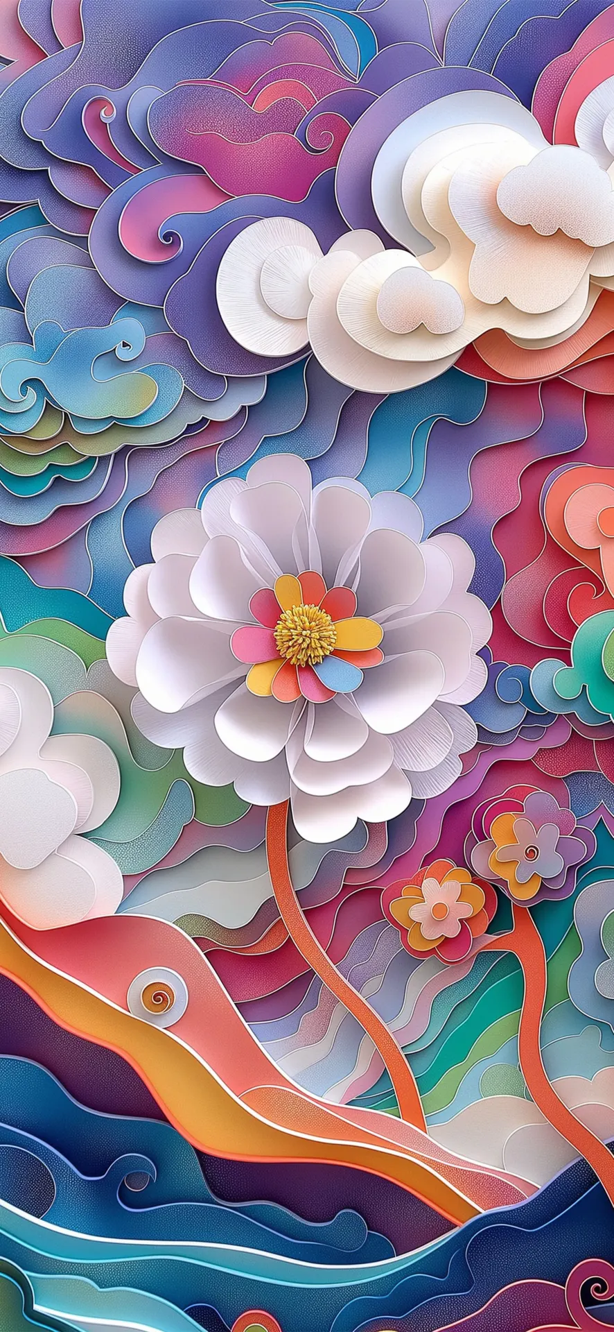 White Flowers and Colorful Ocean Waves Paper Art Wallpaper