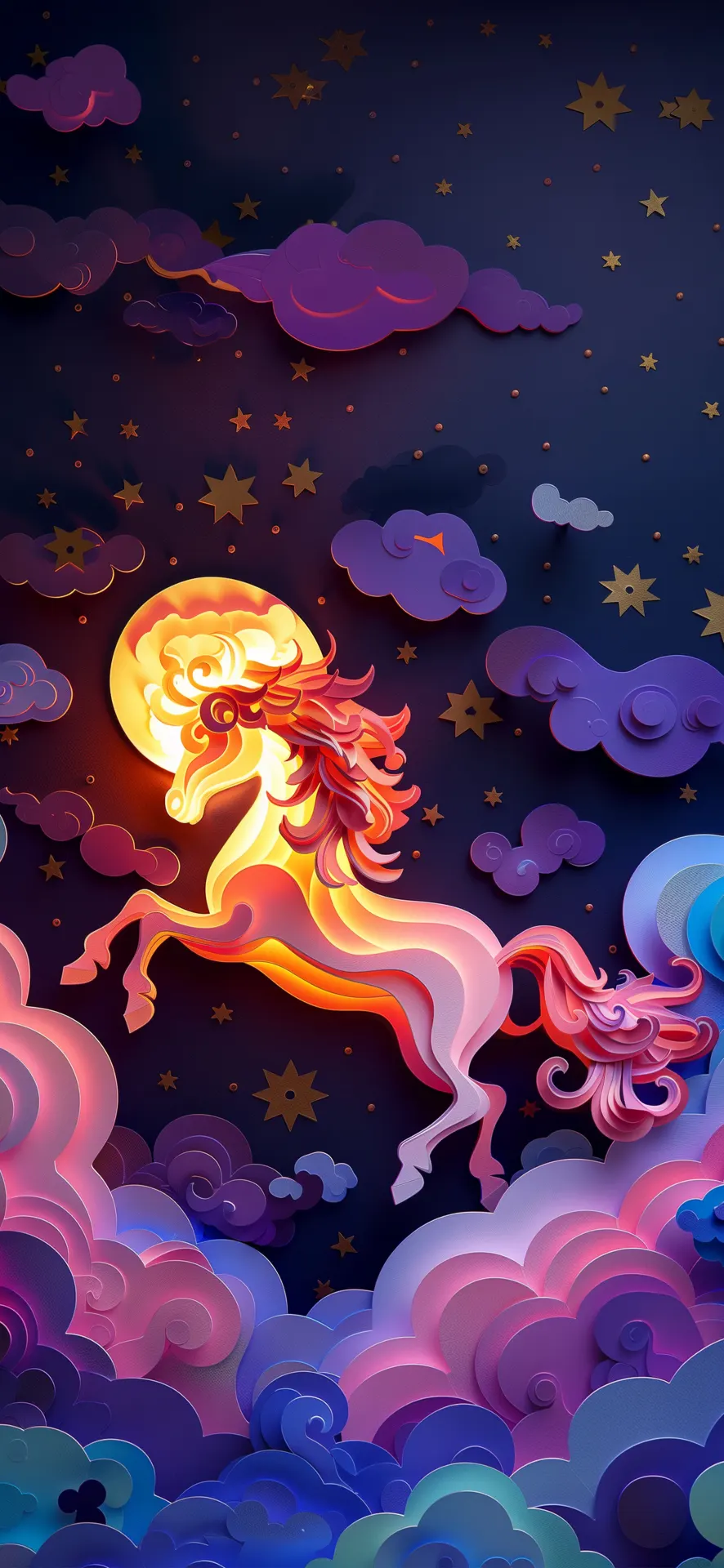 Celestial Horse Beneath a Glowing Moon Paper Art Wallpaper