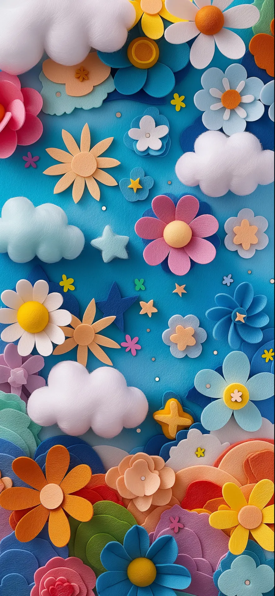 Colorful Felt Flowers and Fluffy Clouds Wallpaper