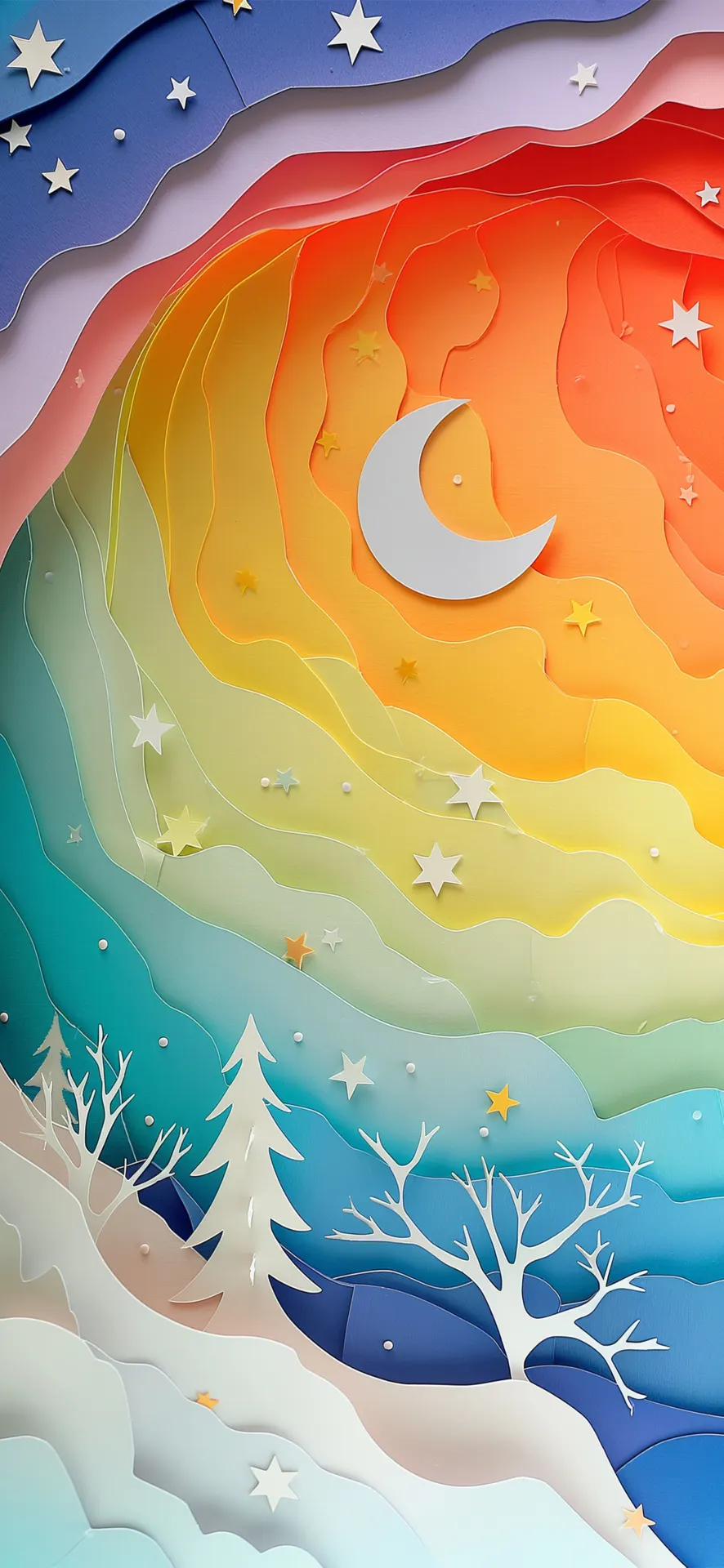 Crescent Moon Over a Rainbow Winter Forest Wallpaper