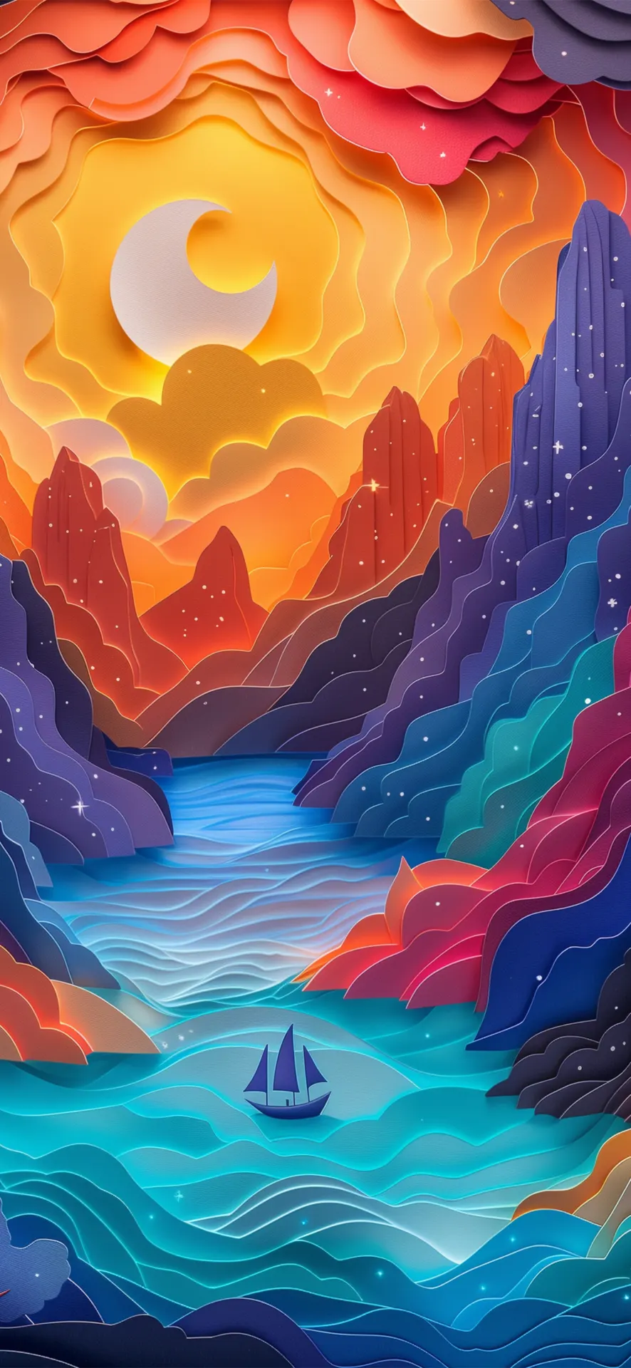 Crescent Moon Mountain Voyage Paper Art Wallpaper