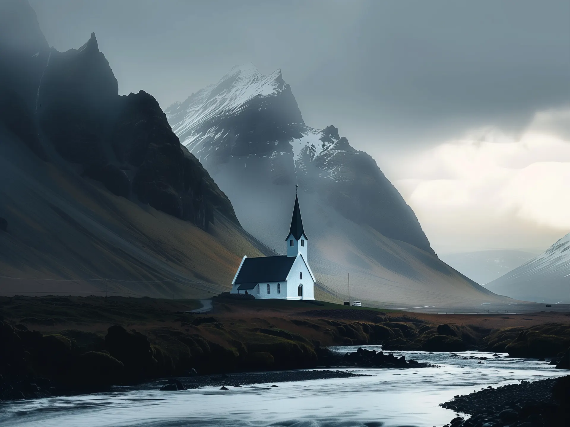 Iceland Church Beneath Snowy Mountains Wallpaper
