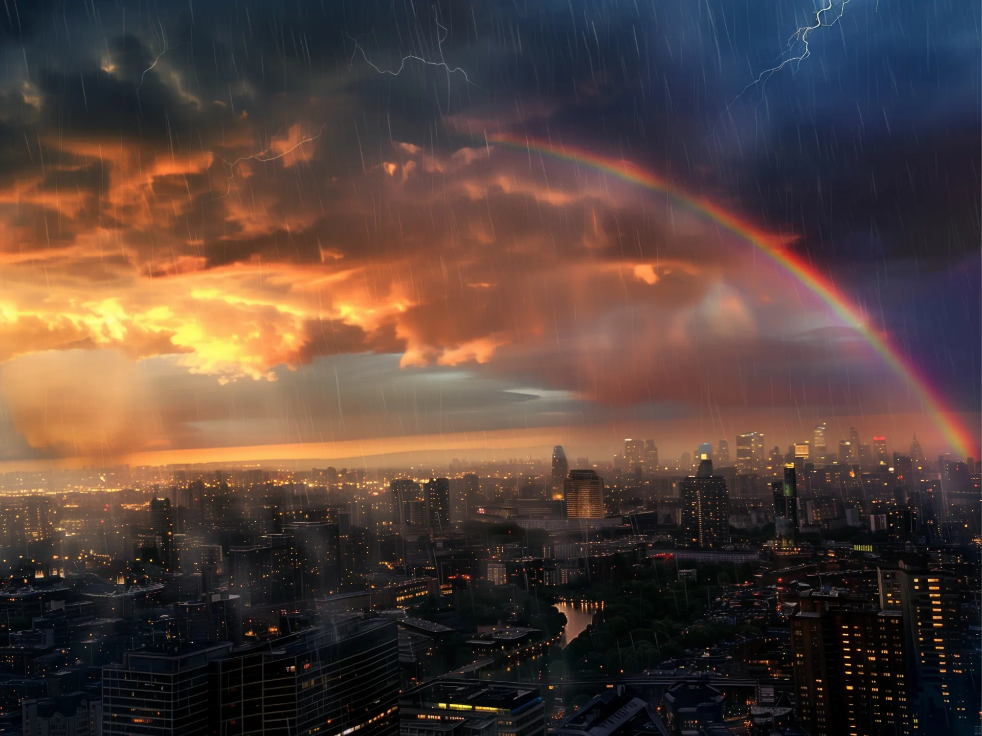 Rainbow Over Rainy City at Sunset Wallpaper