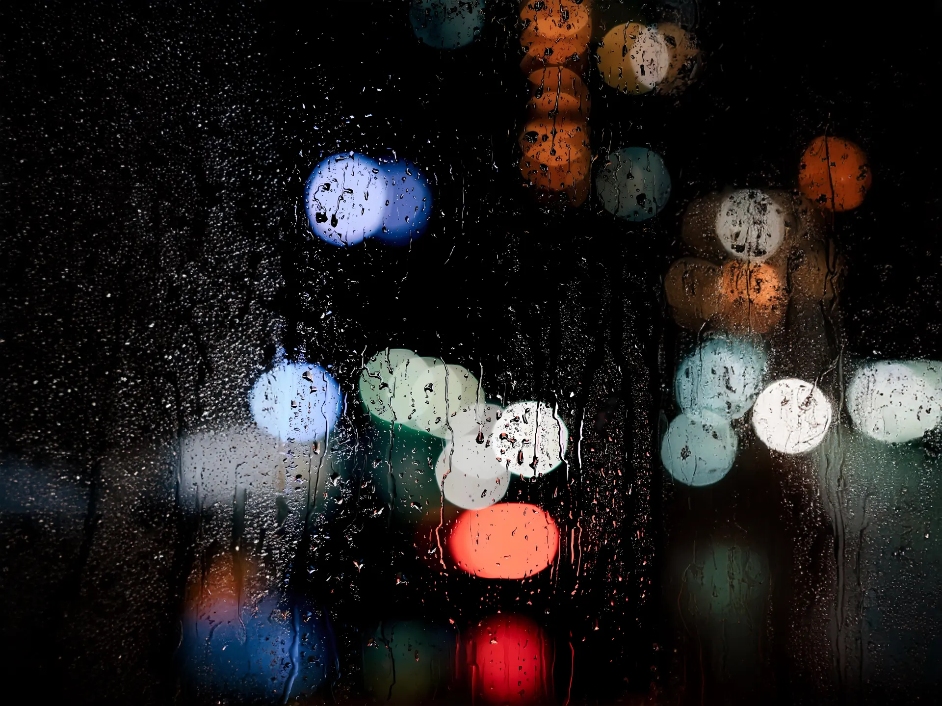 Colorful City Bokeh Through Rainy Window Wallpaper