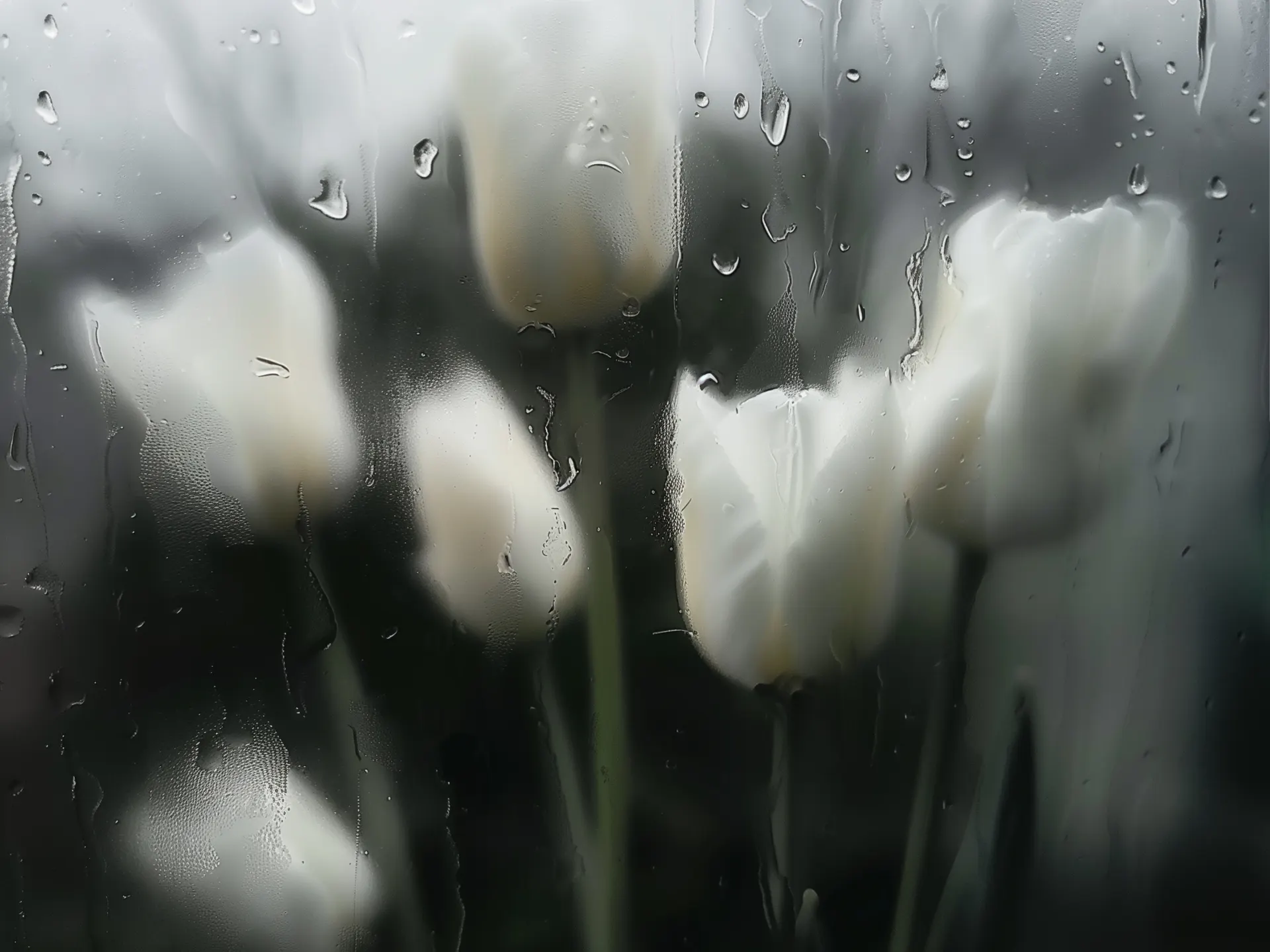 White Tulips Through Rainy Window Wallpaper