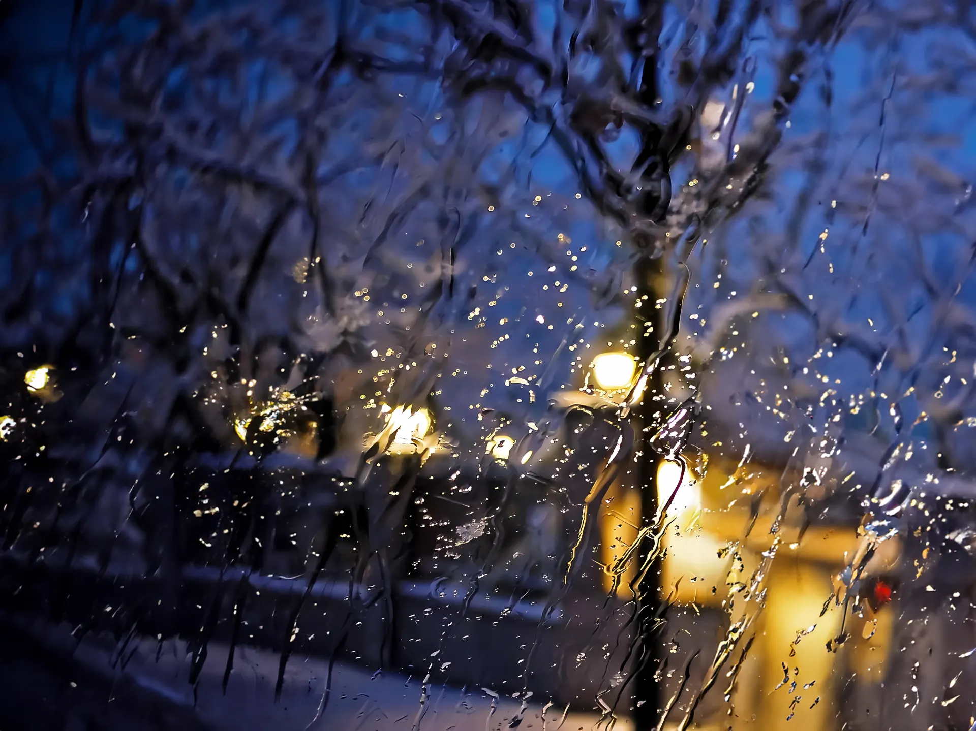 Rainy Night Streetlights Through Window Wallpaper
