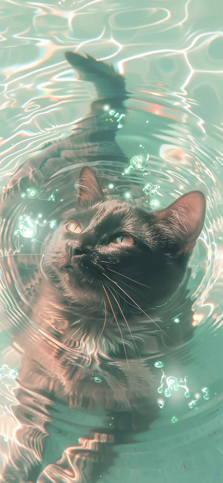 Black Cat Floating in Turquoise Water Phone Wallpaper