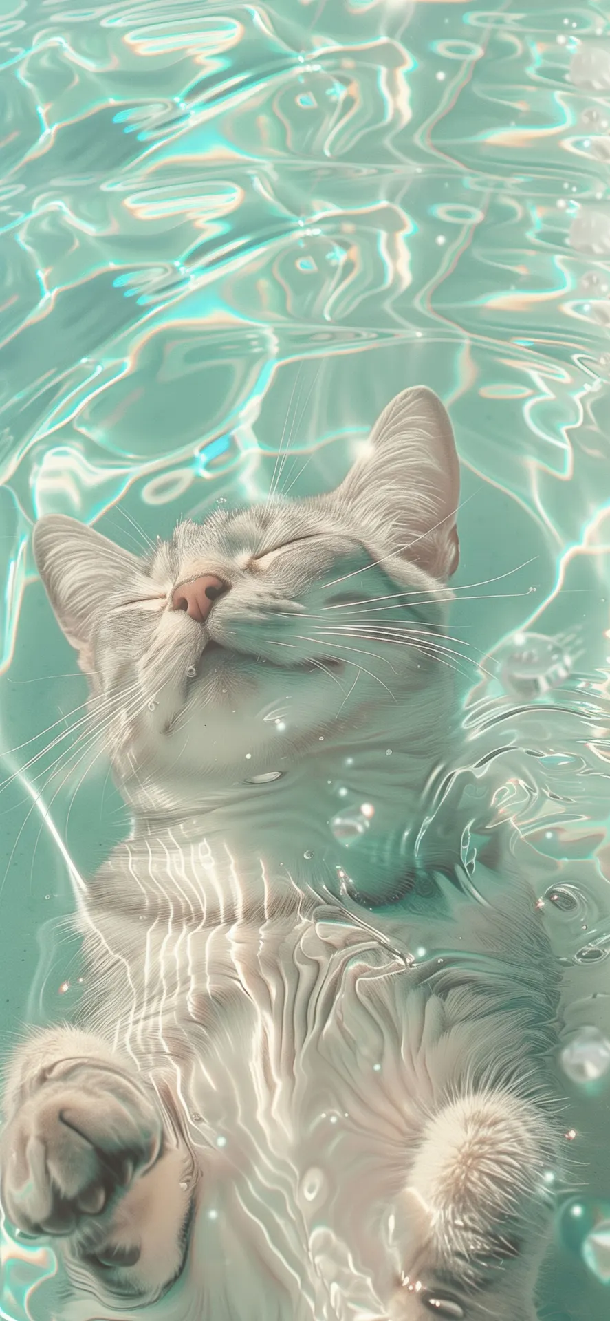 Relaxing Grey Cat Floating in Turquoise Water Wallpaper