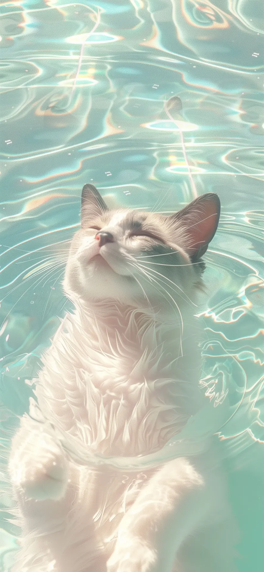 Happy Cat Floating in Turquoise Water Phone Wallpaper