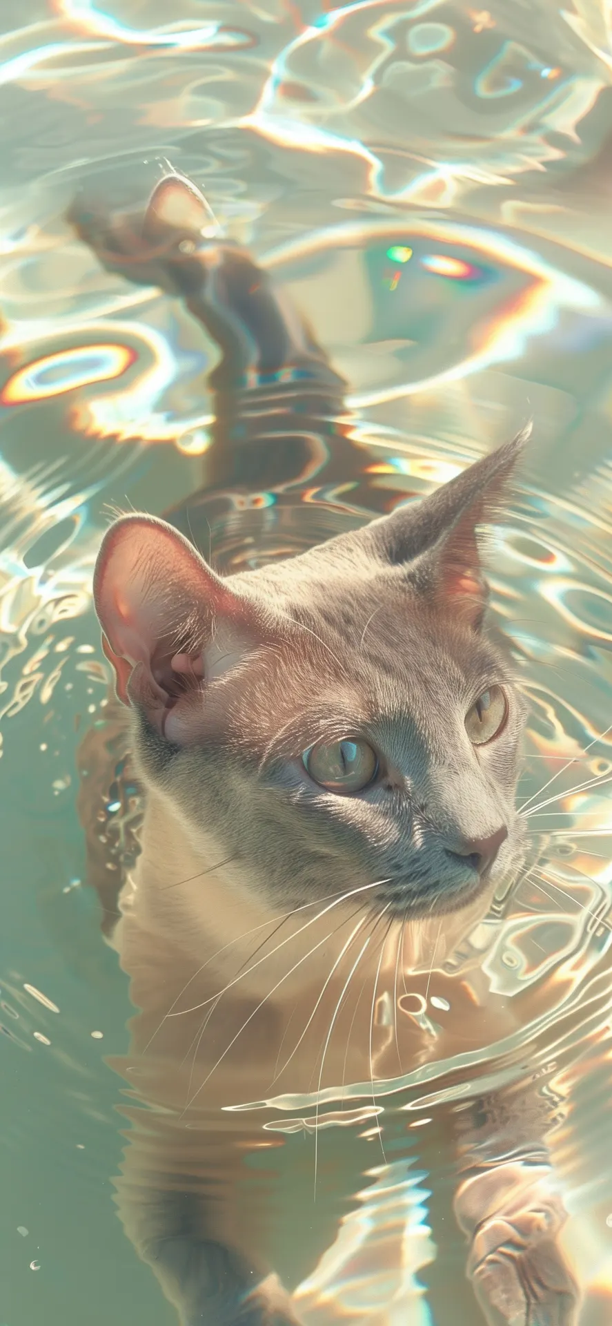 Grey Cat Swimming in Sunlit Water Phone Wallpaper