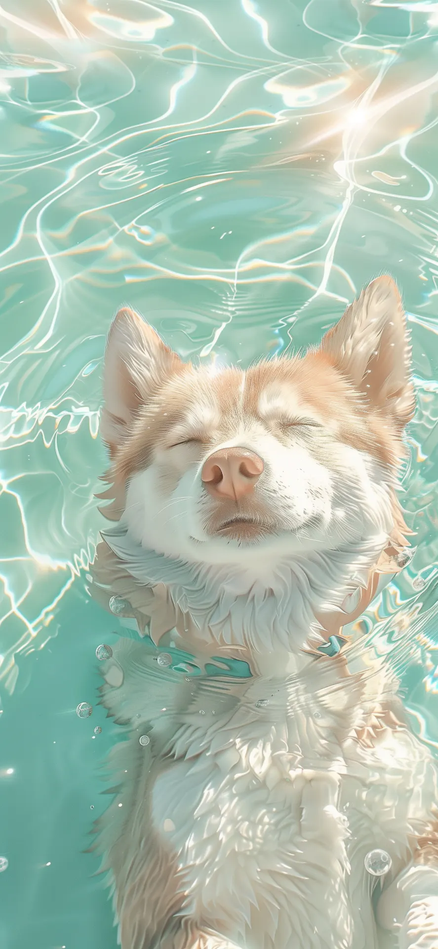 Peaceful Husky Floating in Turquoise Water Phone Wallpaper