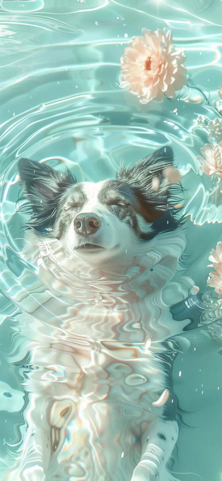 Peaceful Border Collie Floating with Flowers Wallpaper