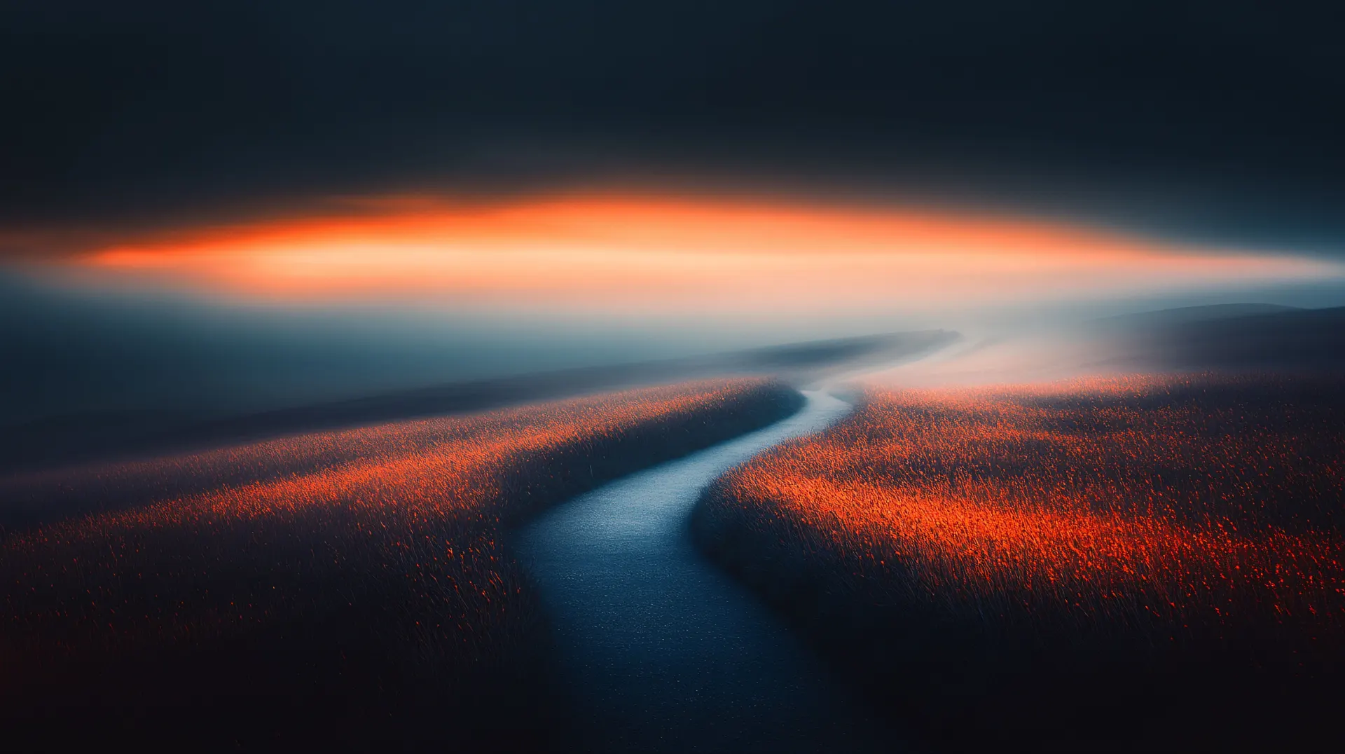 Glowing Orange Path Through Dark Landscape Wallpaper