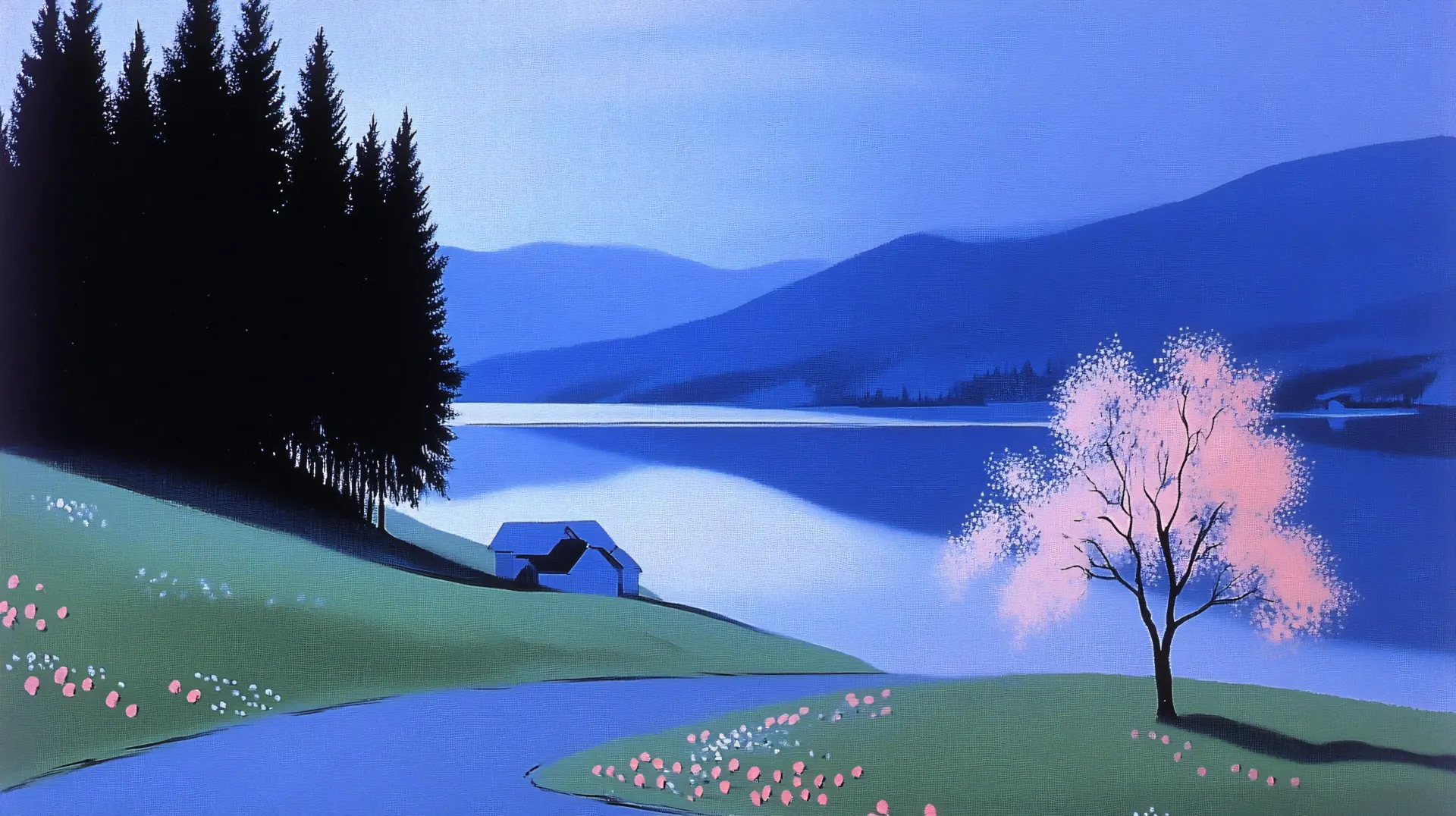Pink Blossom Tree by a Blue Mountain Lake Wallpaper