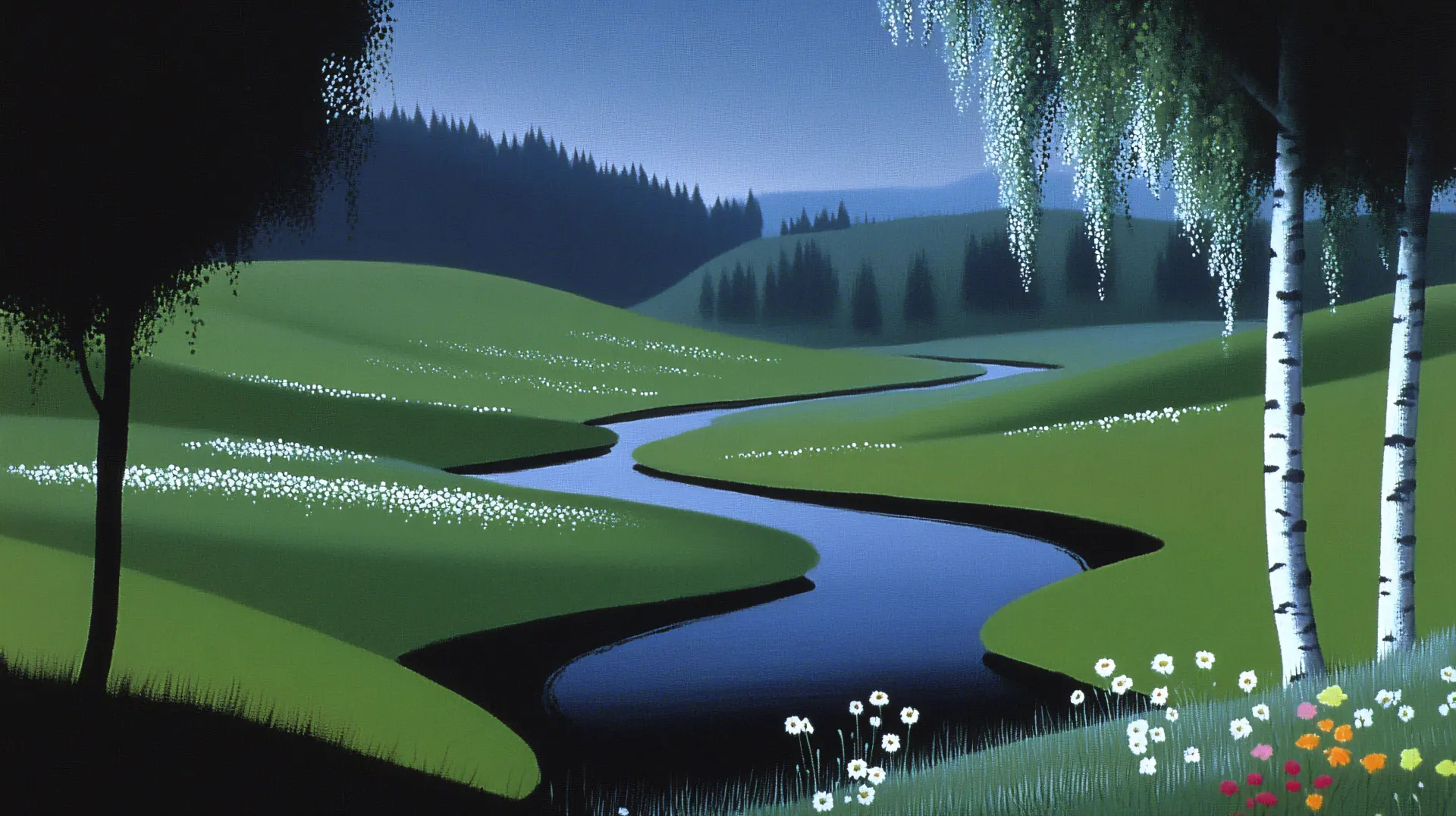 Peaceful Green Meadow and Winding River Wallpaper