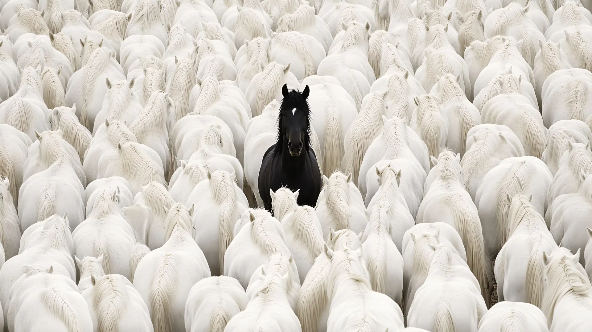 Lone Black Stallion in a Sea of White Horses Wallpaper