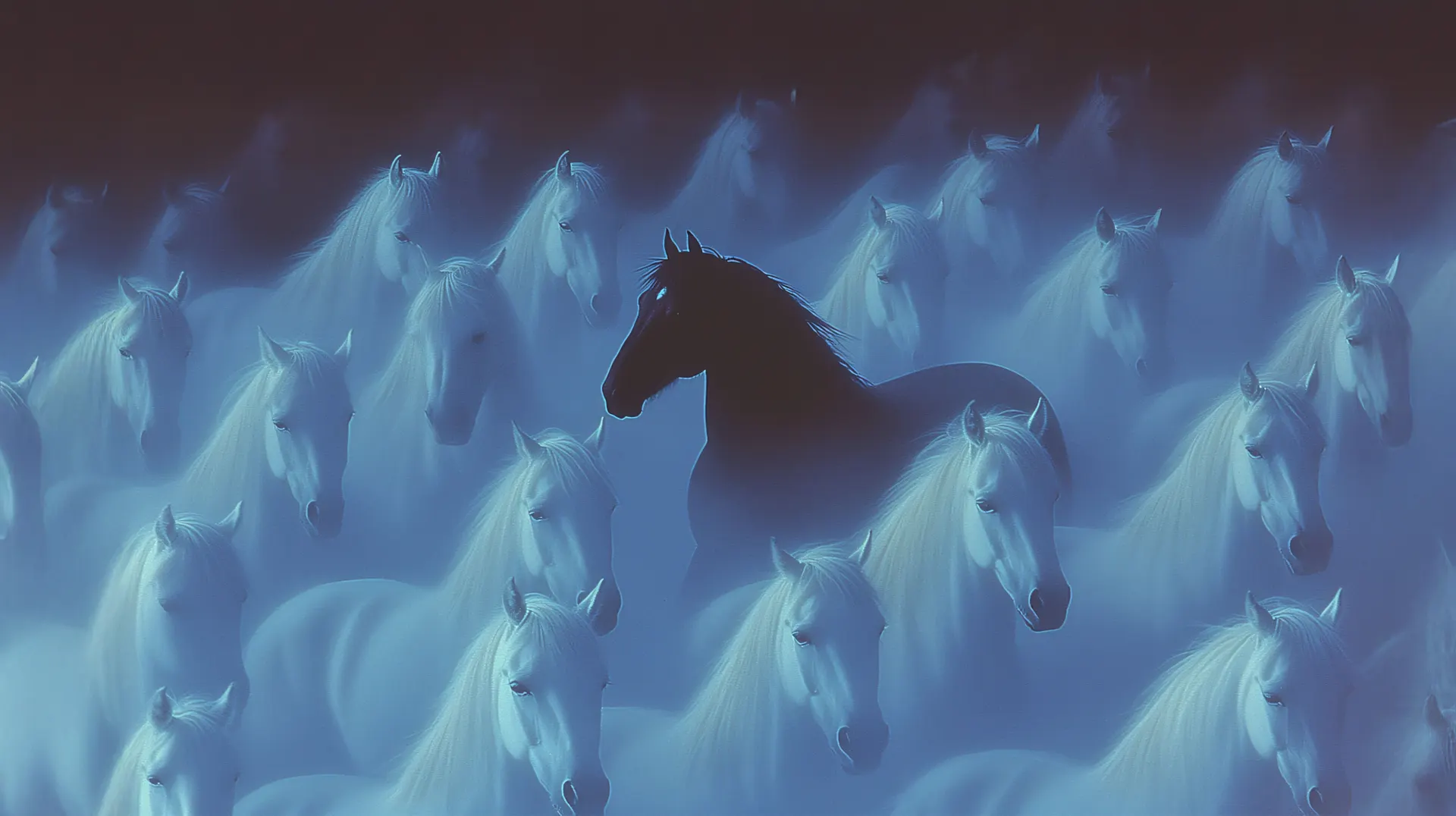 Black Horse Among Ghostly White Horses Wallpaper