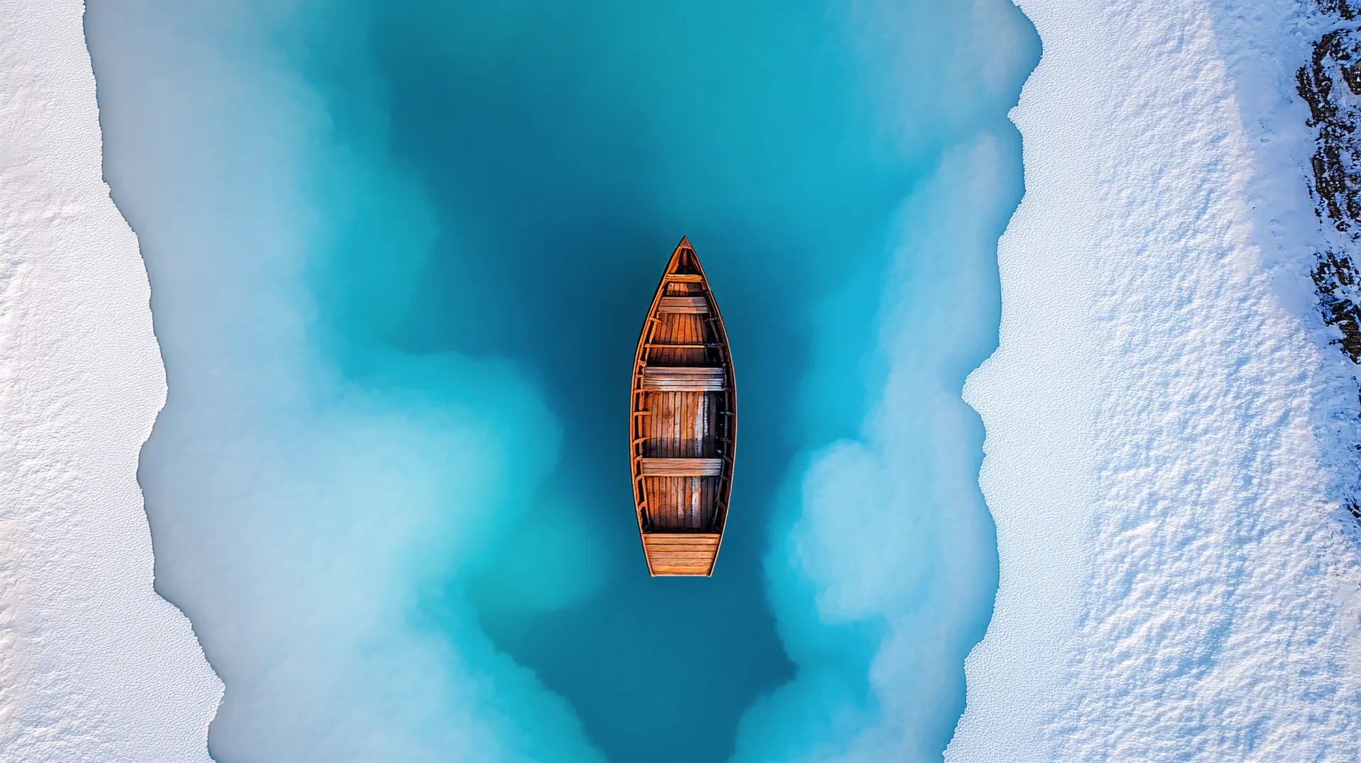 Wooden Boat on Frozen Blue Lake Wallpaper