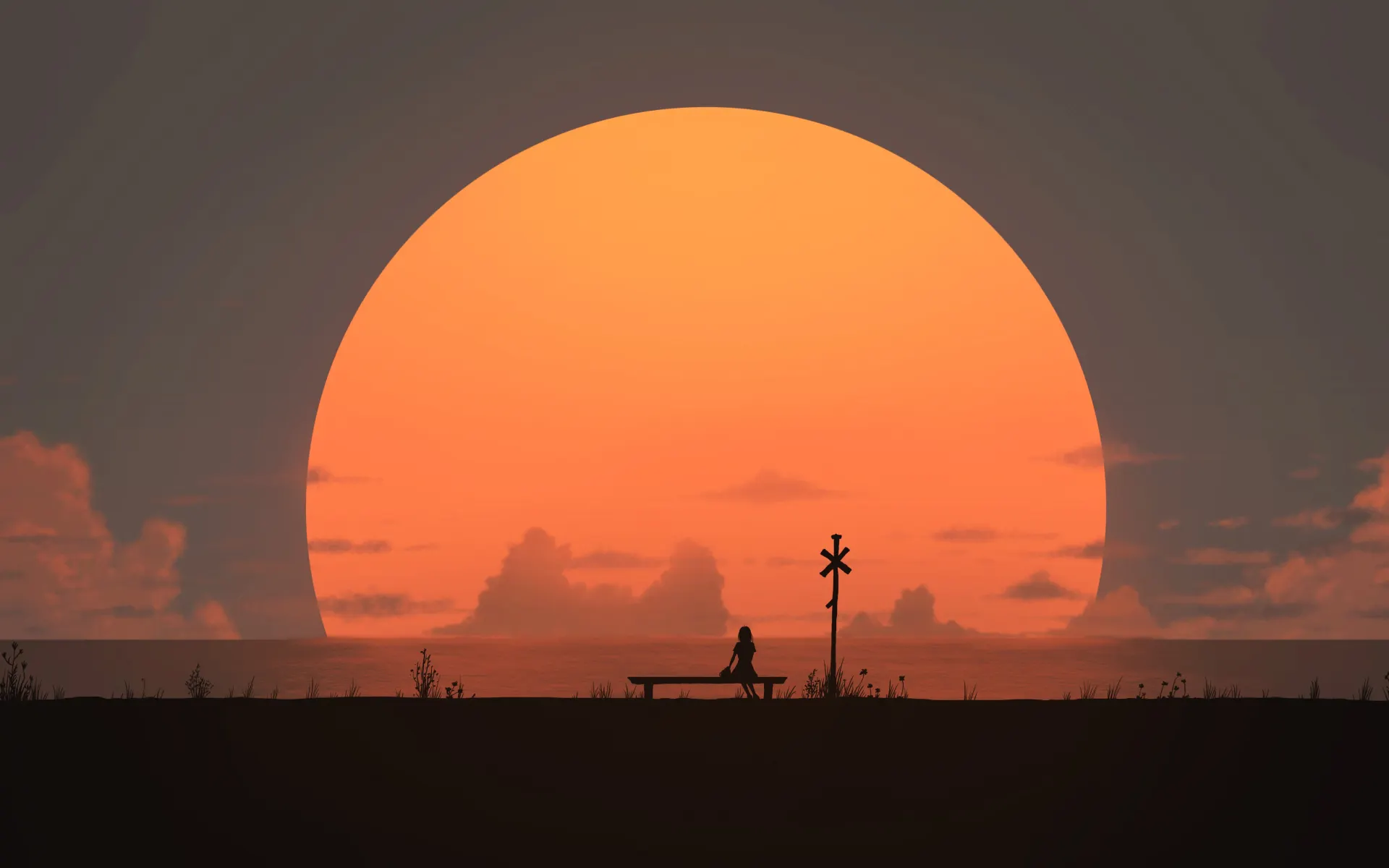 Girl Beneath a Giant Orange Sunset Wallpaper