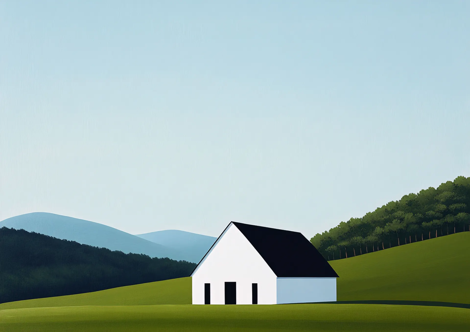 White House Among Green Hills Minimalist Wallpaper