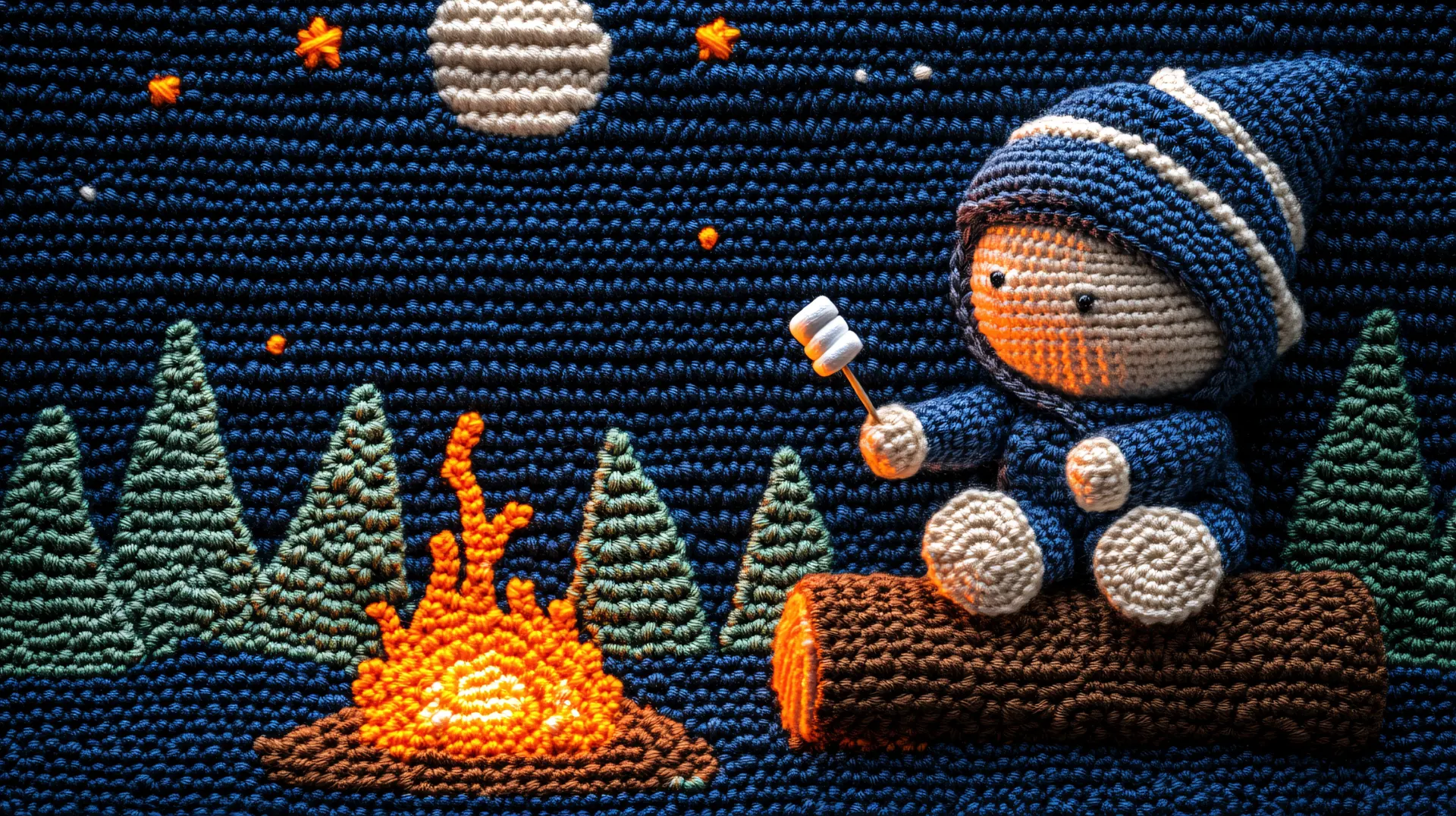 Cozy Crochet Campfire Under Moonlight Wallpaper