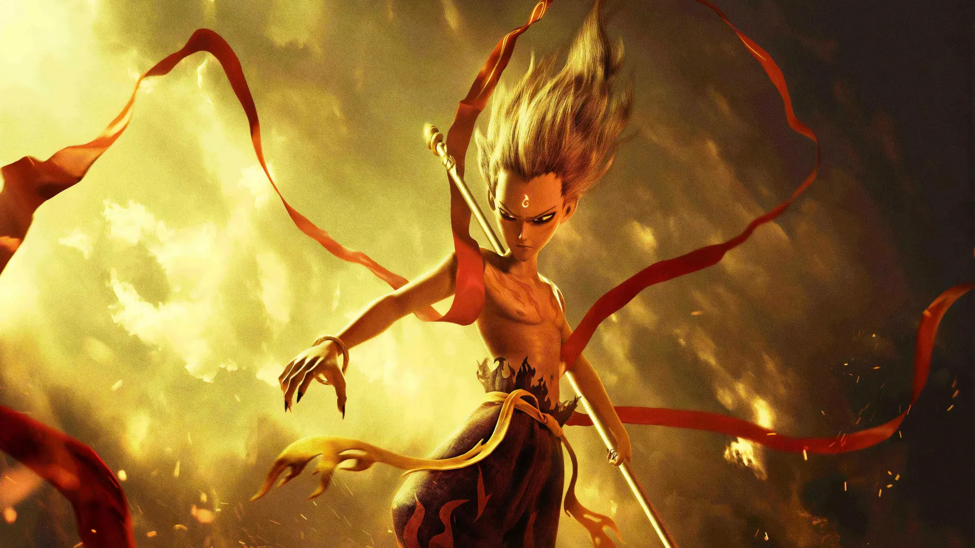 Nezha Demon Child Fiery Battle 4K Wallpaper
