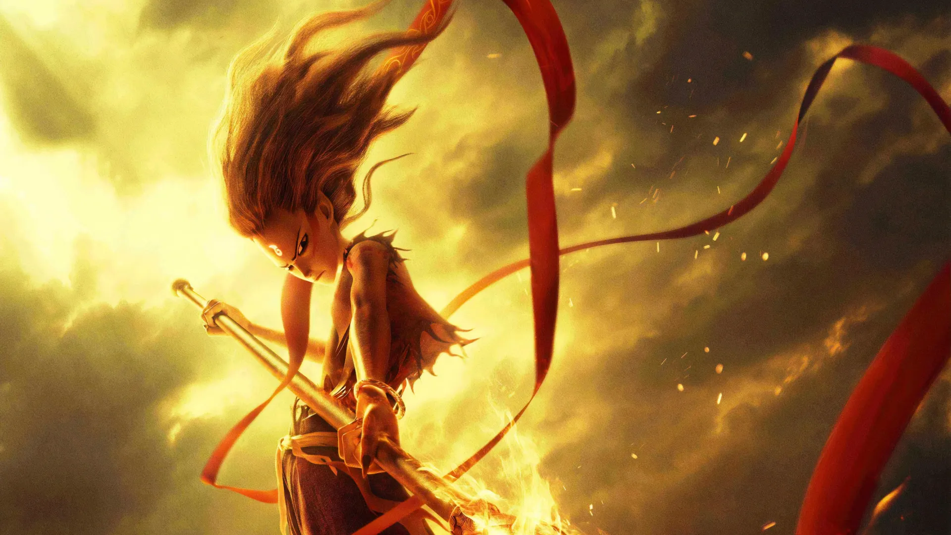 Nezha Flaming Spear Golden Sky 4K Wallpaper