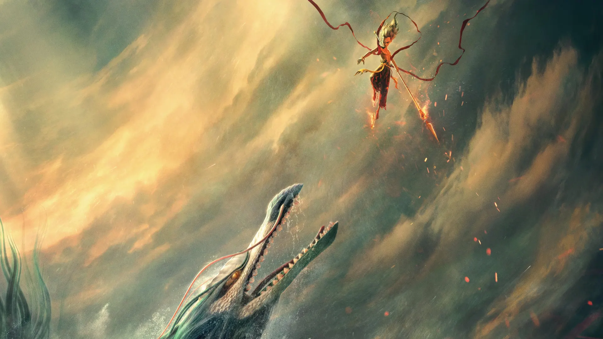 Nezha Flying Through Golden Clouds 4K Wallpaper
