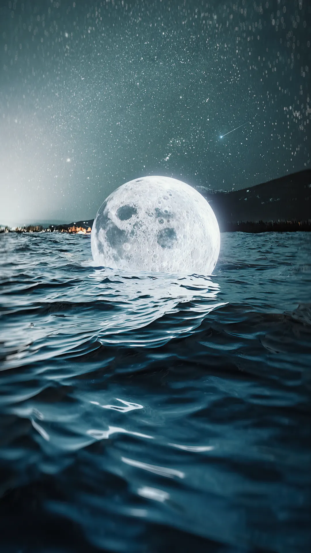 Moon Falling Into the Ocean Night Sky Wallpaper