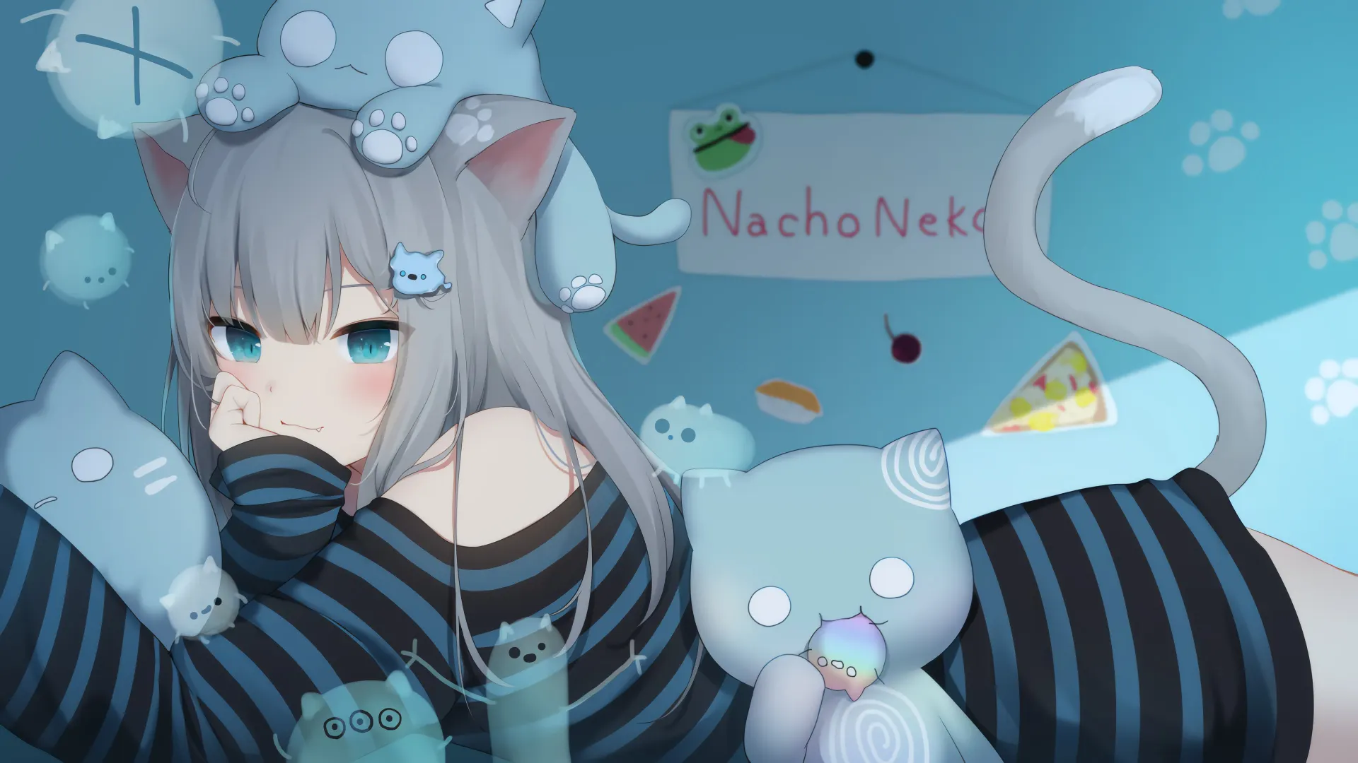 Cute Anime Neko Girl with Blue Cats Wallpaper
